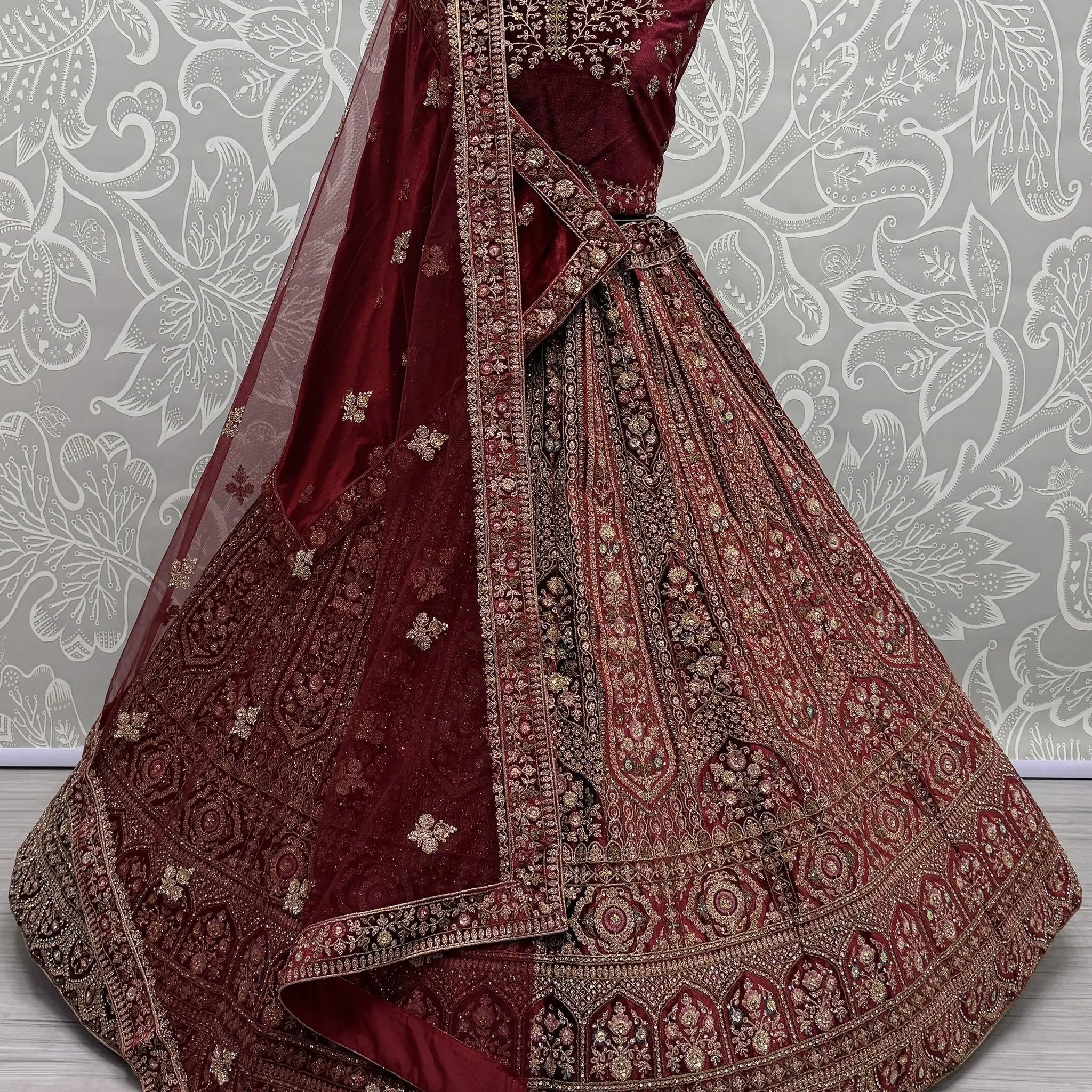 Stunning Red Dori Work Velvet Bridal Lehenga Choli With Double Dupatta - Zeel Clothing