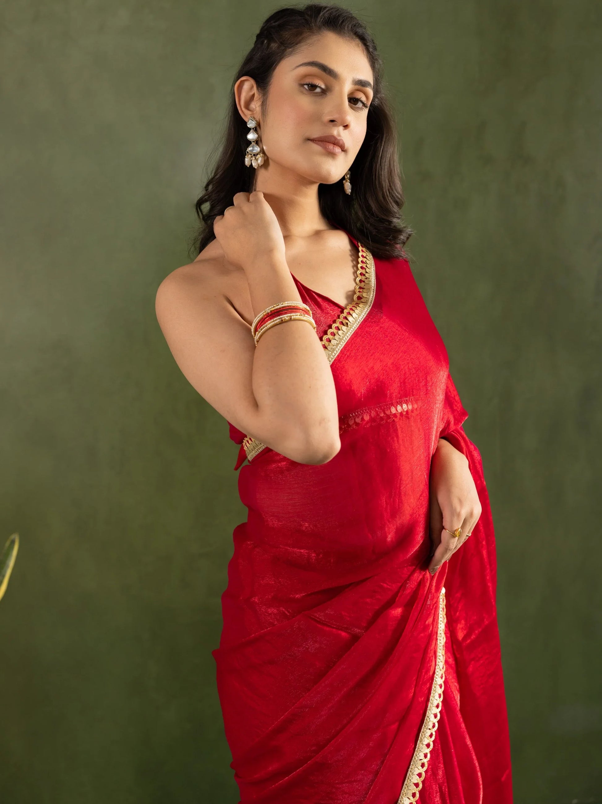 Stunning Red Lace Bordered Chiffon Traditional Ready To Wear Saree With Blouse - Zeel Clothing