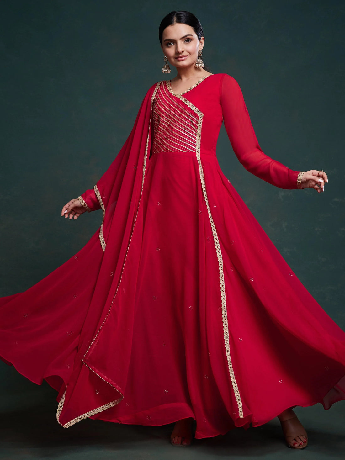 Stunning Red Lace Work Georgette Traditional Gown With Dupatta