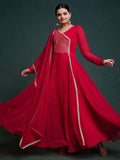 Stunning Red Lace Work Georgette Traditional Gown With Dupatta