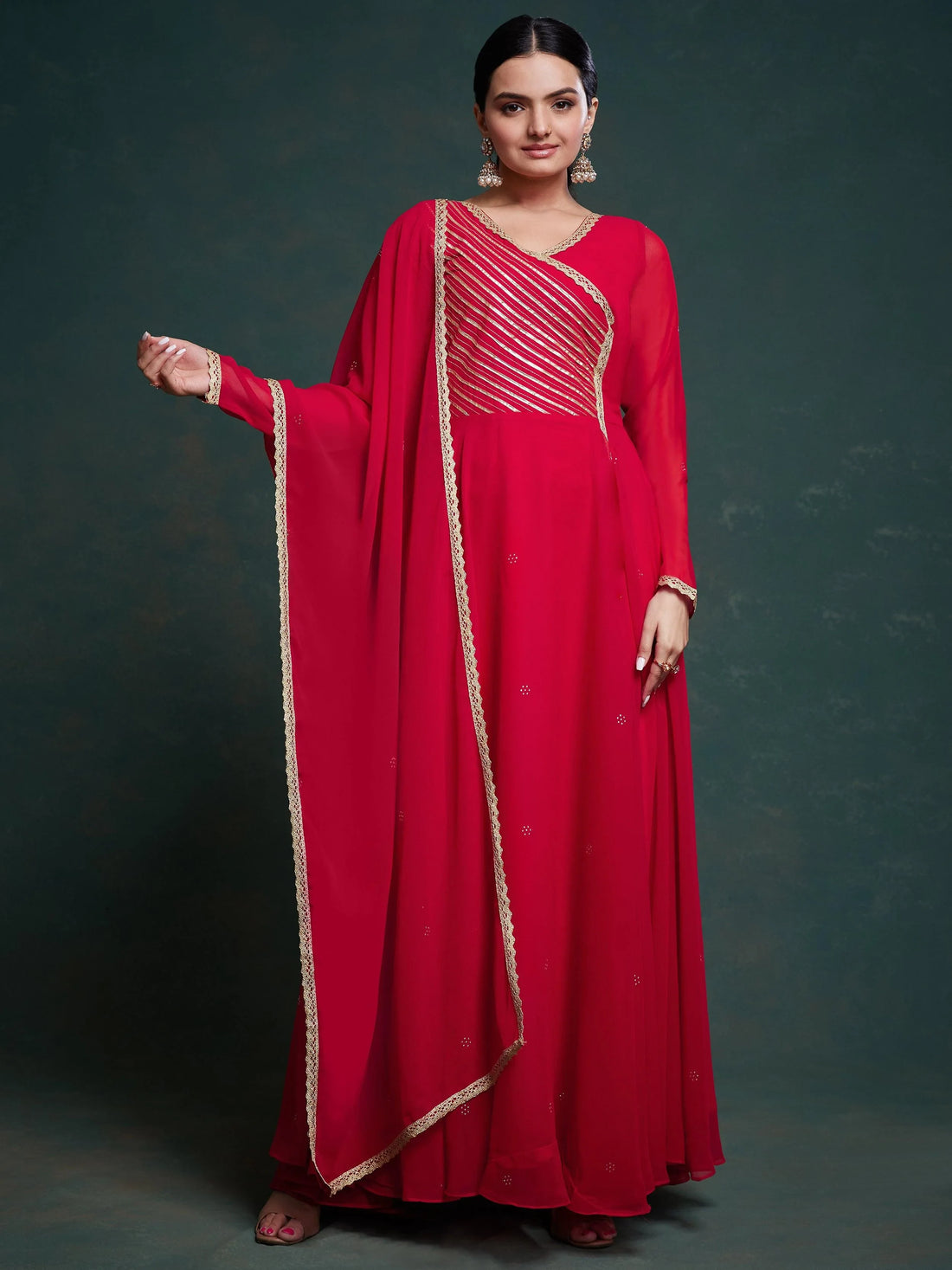 Stunning Red Lace Work Georgette Traditional Gown With Dupatta