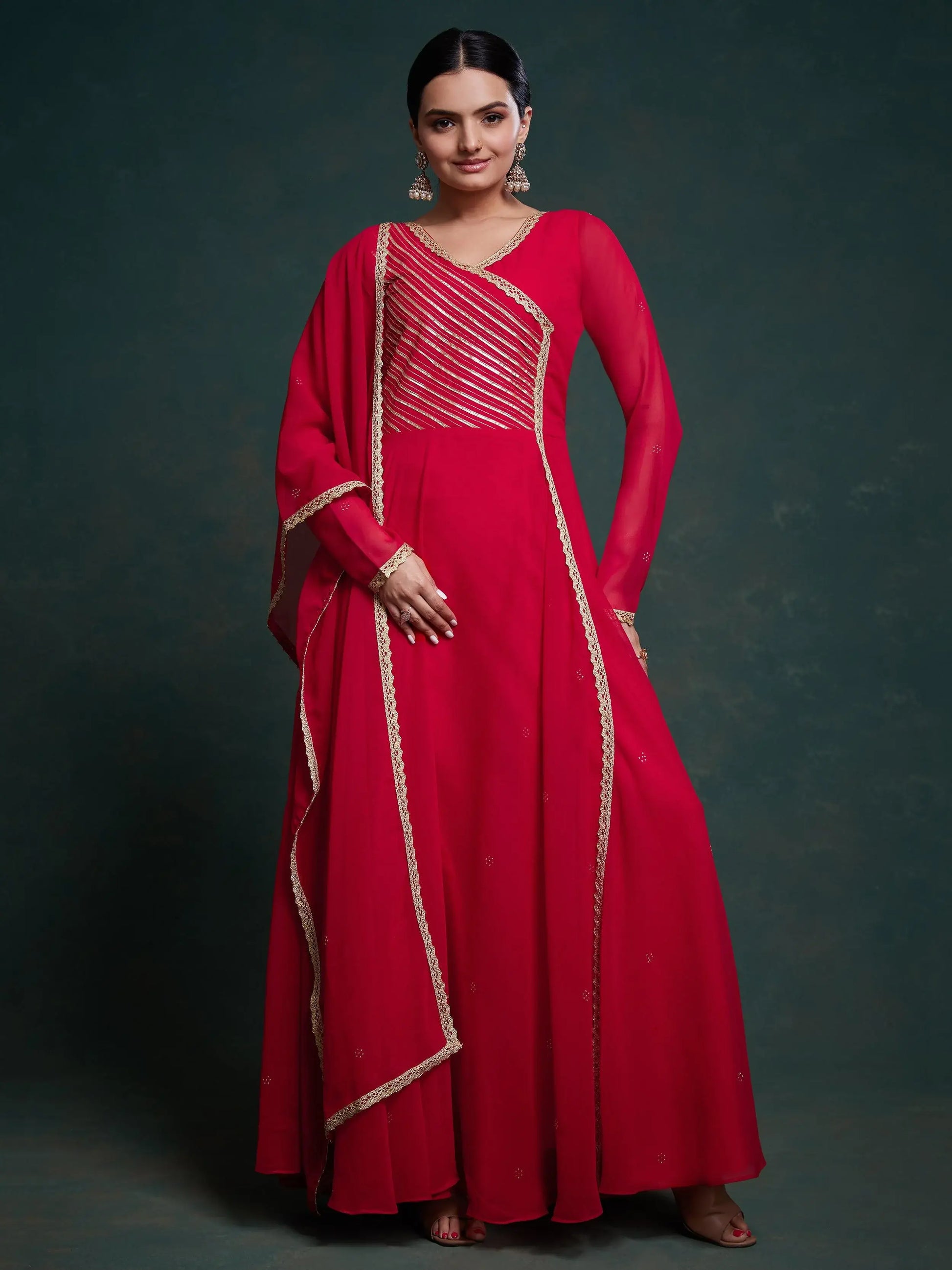 Stunning Red Lace Work Georgette Traditional Gown With Dupatta - Zeel Clothing