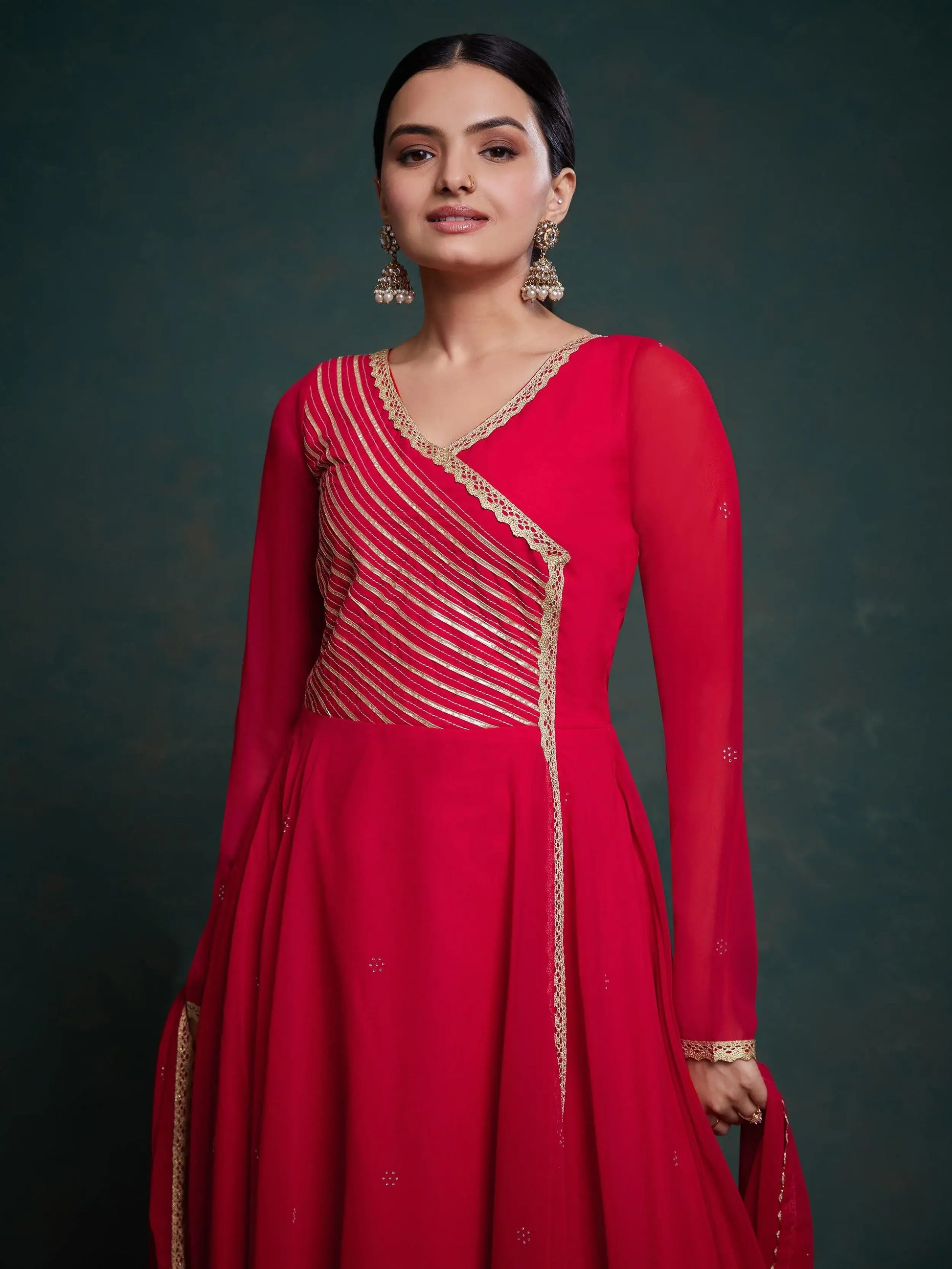 Stunning Red Lace Work Georgette Traditional Gown With Dupatta - Zeel Clothing