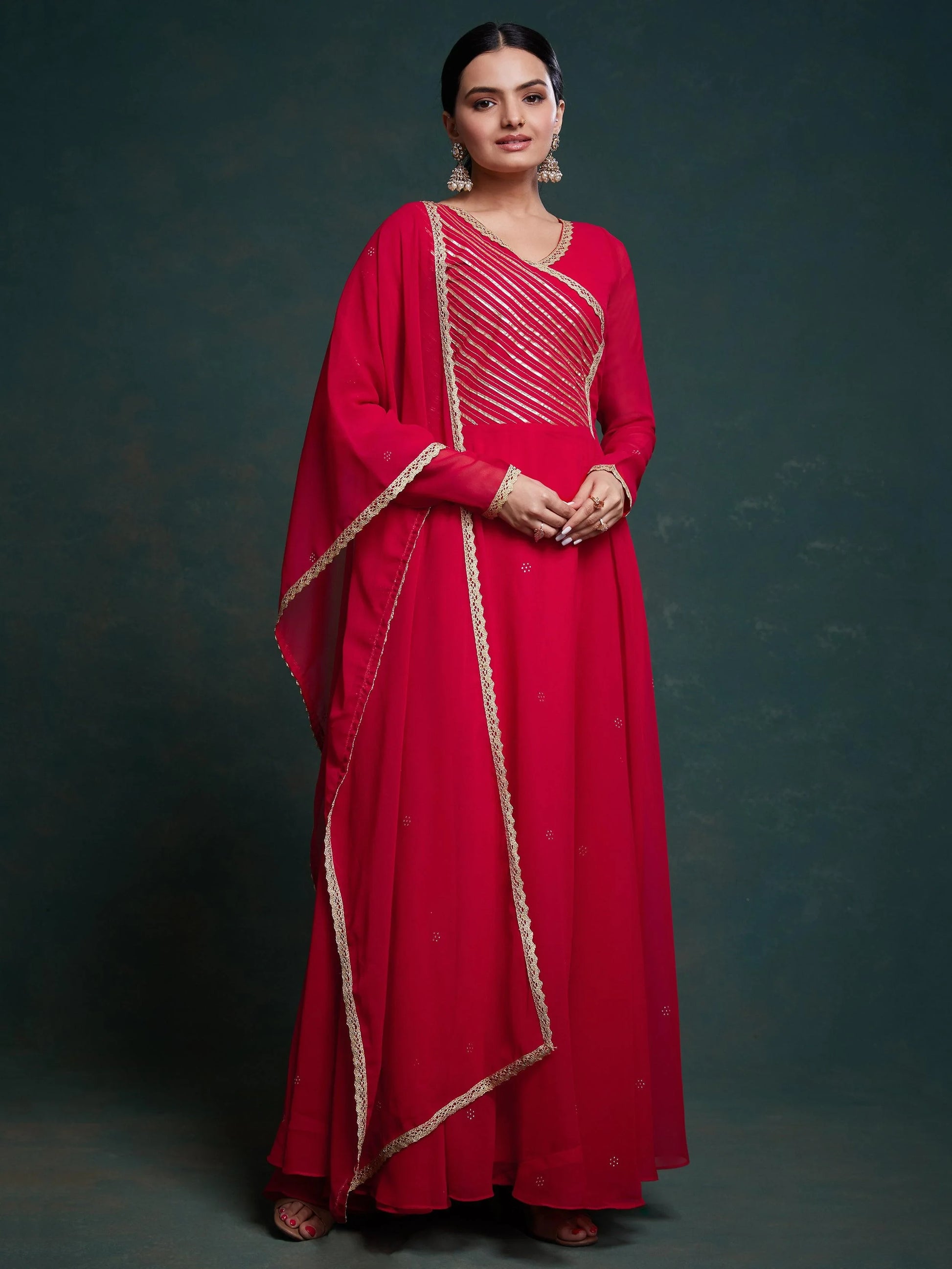 Stunning Red Lace Work Georgette Traditional Gown With Dupatta