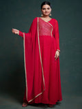 Stunning Red Lace Work Georgette Traditional Gown With Dupatta - Zeel Clothing