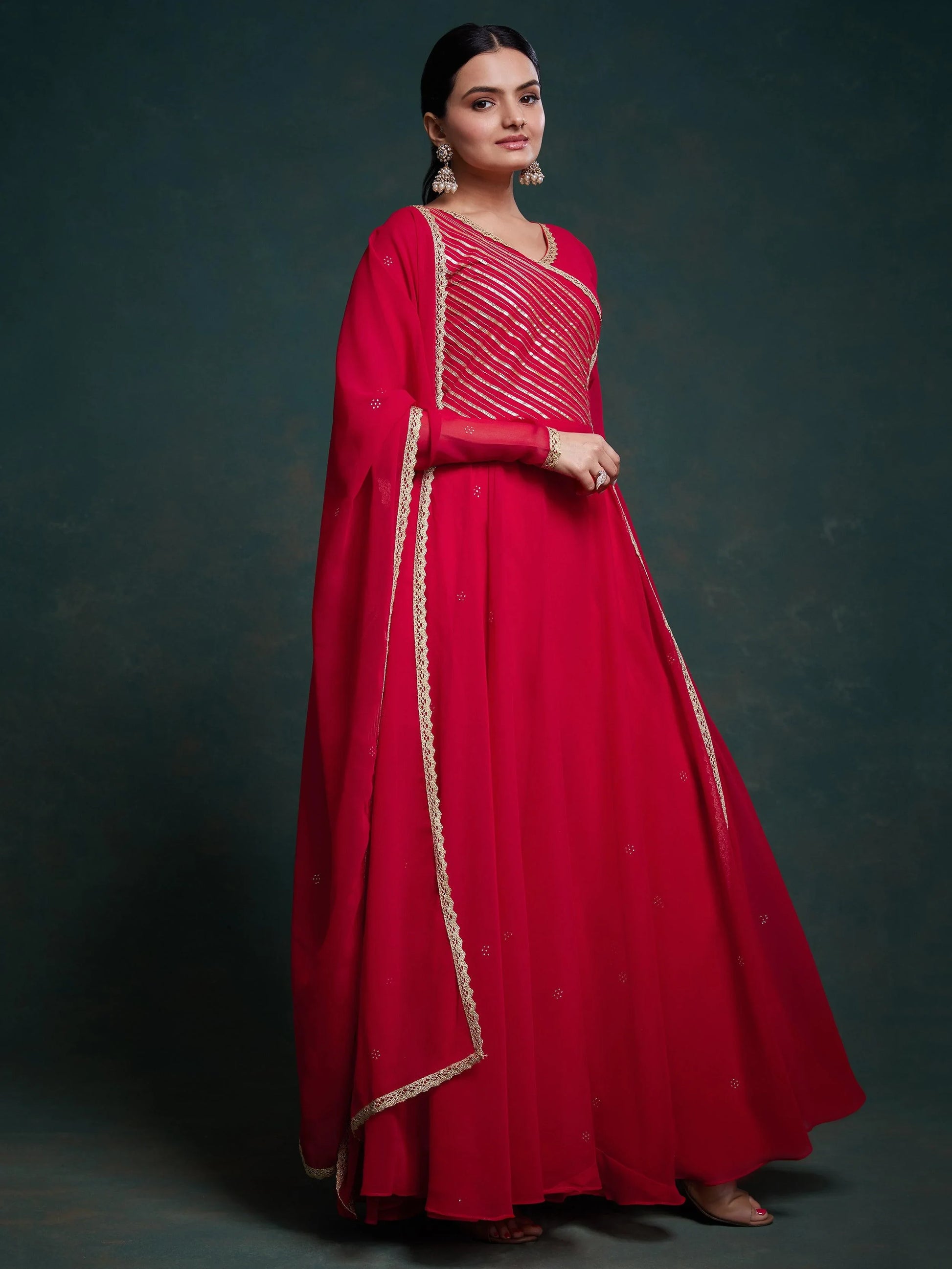 Stunning Red Lace Work Georgette Traditional Gown With Dupatta