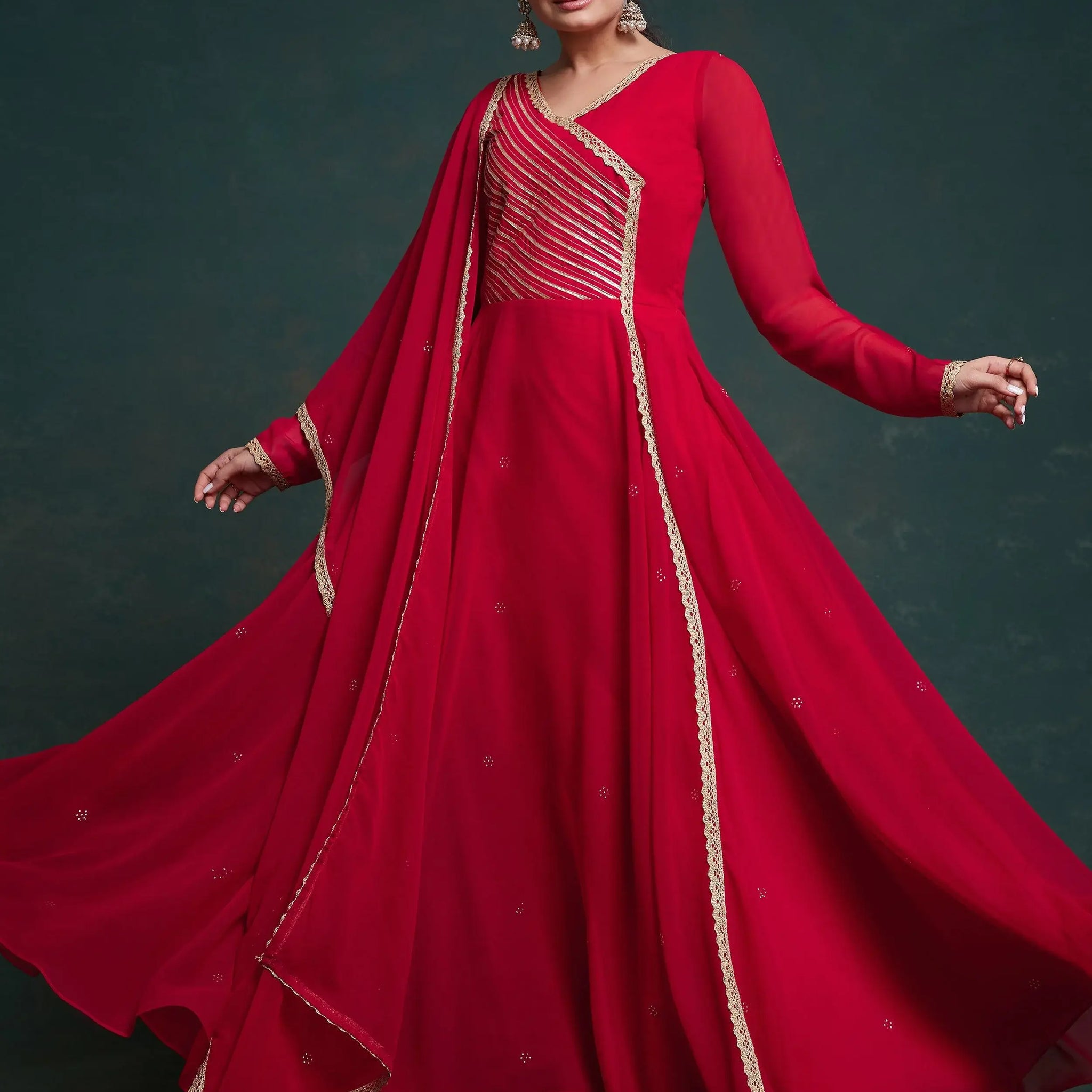 Stunning Red Lace Work Georgette Traditional Gown With Dupatta - Zeel Clothing