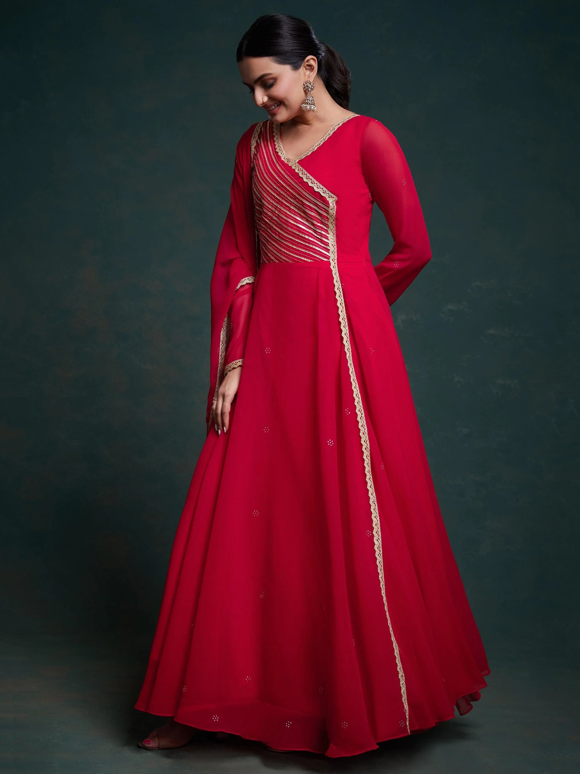 Stunning Red Lace Work Georgette Traditional Gown With Dupatta
