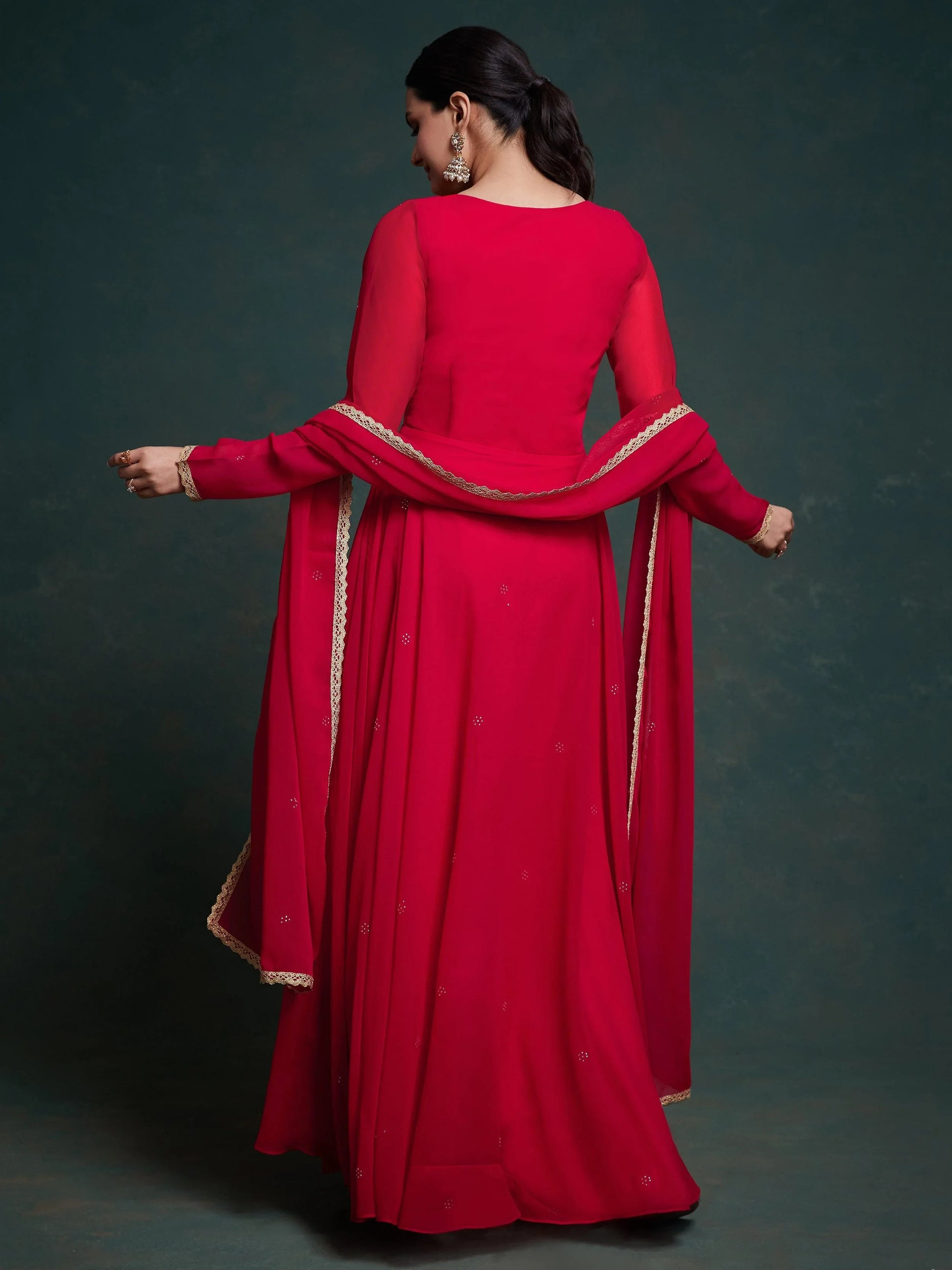 Stunning Red Lace Work Georgette Traditional Gown With Dupatta