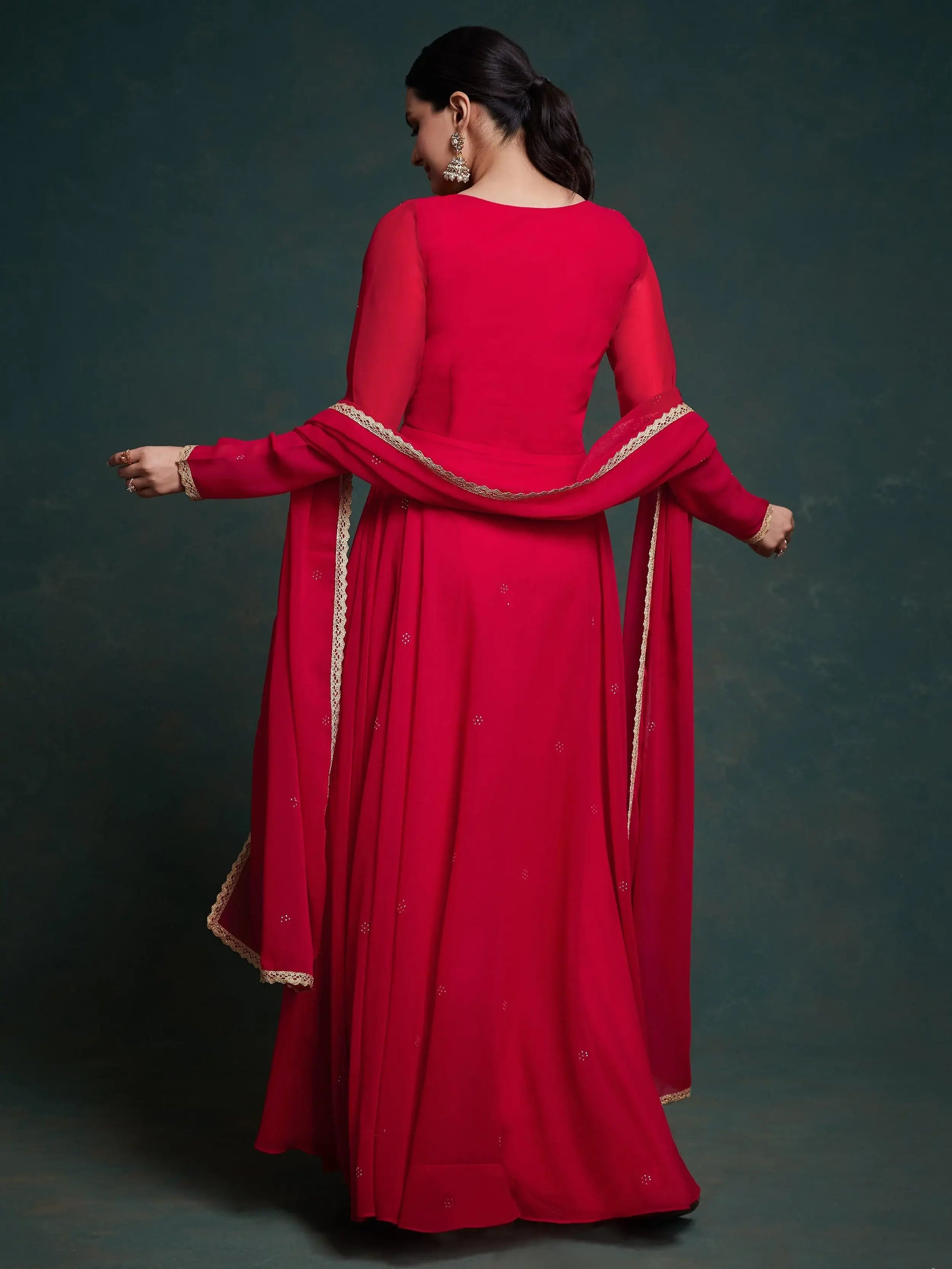 Stunning Red Lace Work Georgette Traditional Gown With Dupatta - Zeel Clothing