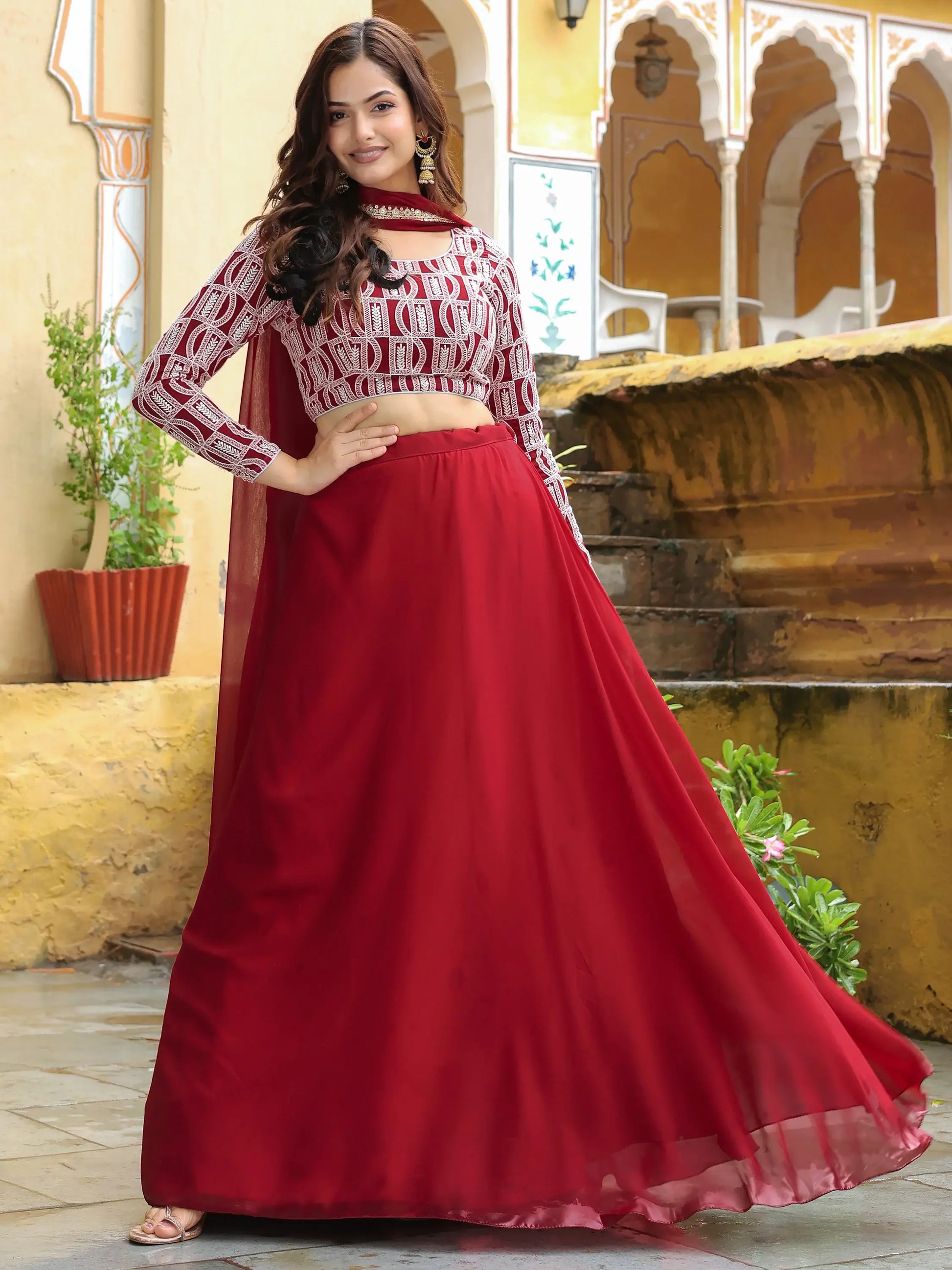 Stunning Red Sequins Georgette Party Wear Lehenga Choli With Dupatta - Zeel Clothing