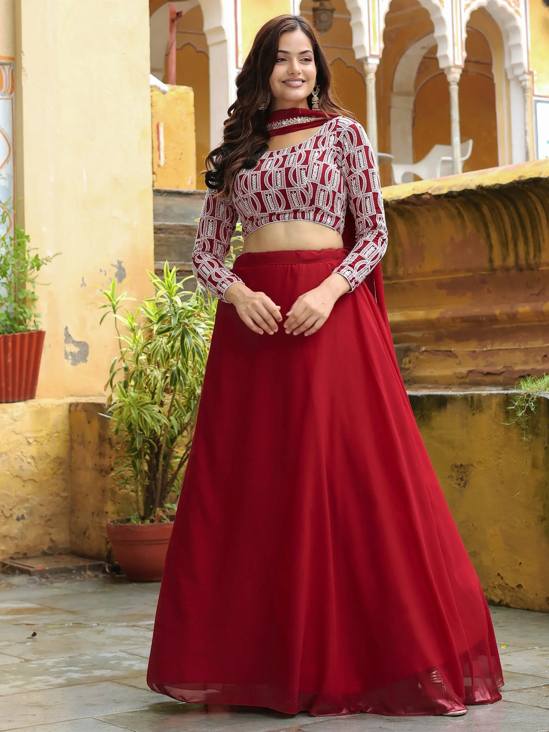 Stunning Red Sequins Georgette Party Wear Lehenga Choli With Dupatta - Zeel Clothing