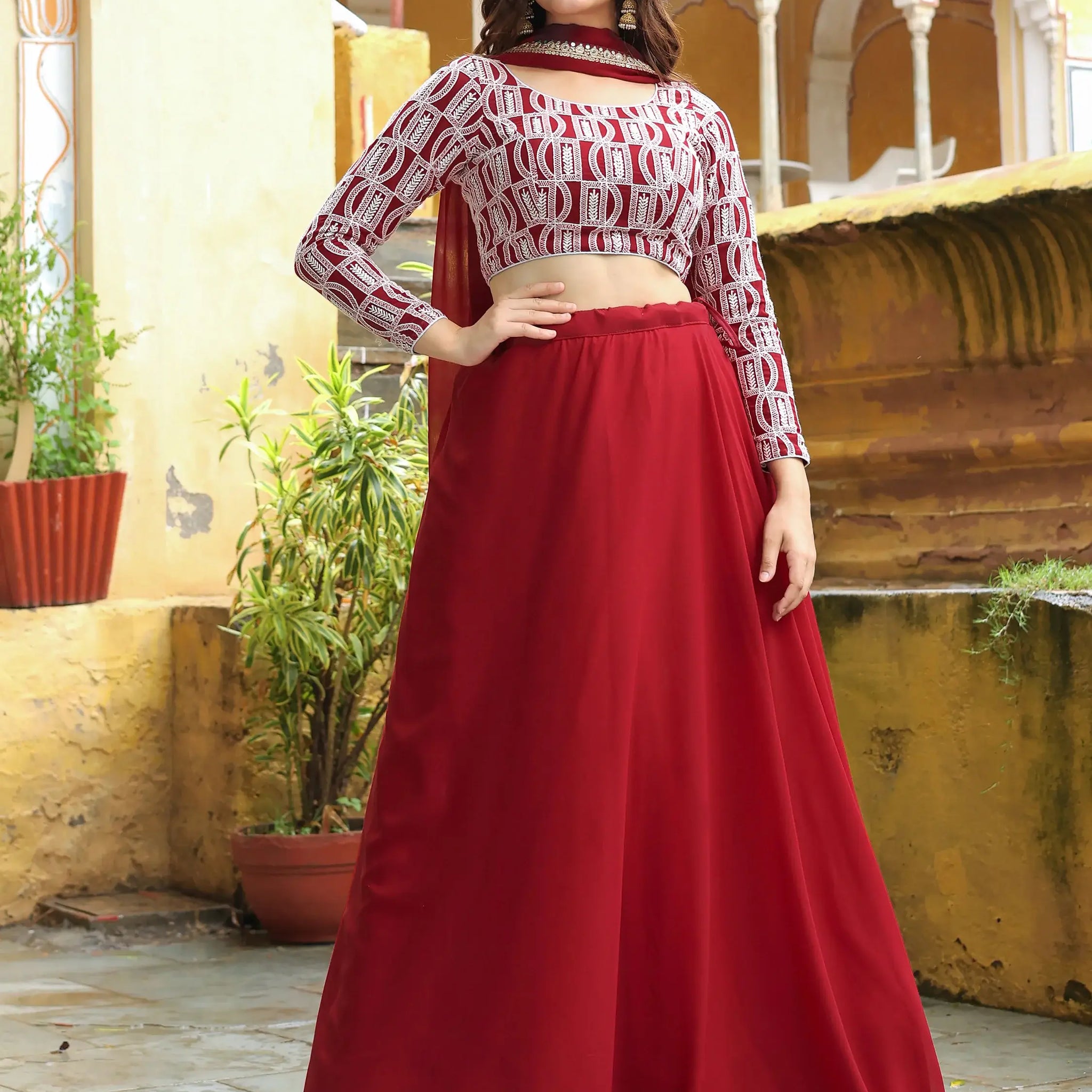 Stunning Red Sequins Georgette Party Wear Lehenga Choli With Dupatta - Zeel Clothing