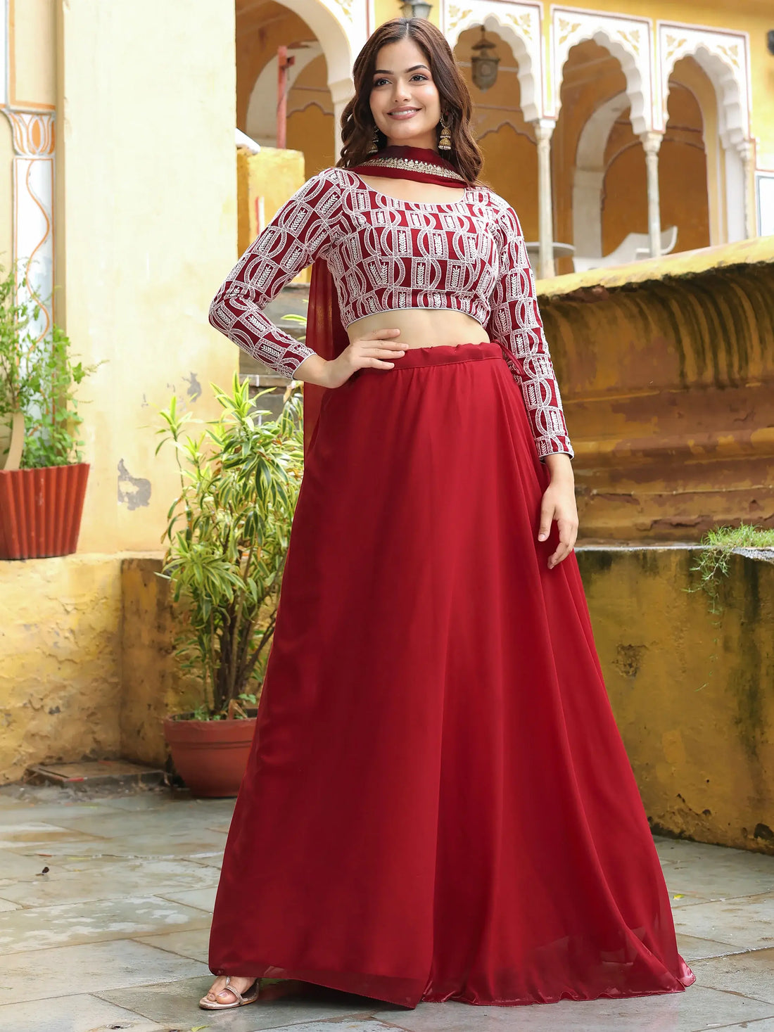 Stunning Red Sequins Georgette Party Wear Lehenga Choli With Dupatta - Zeel Clothing