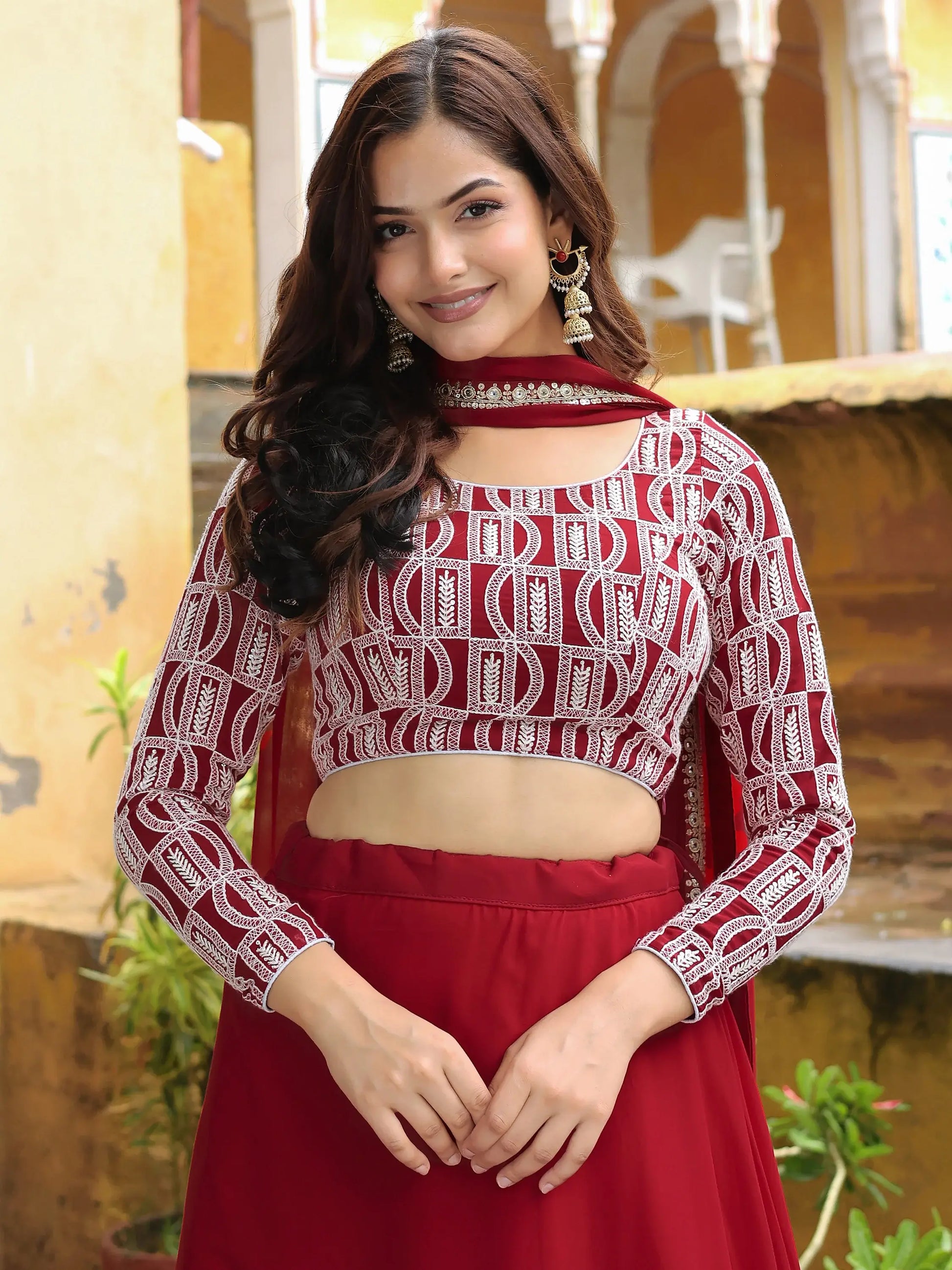 Stunning Red Sequins Georgette Party Wear Lehenga Choli With Dupatta - Zeel Clothing