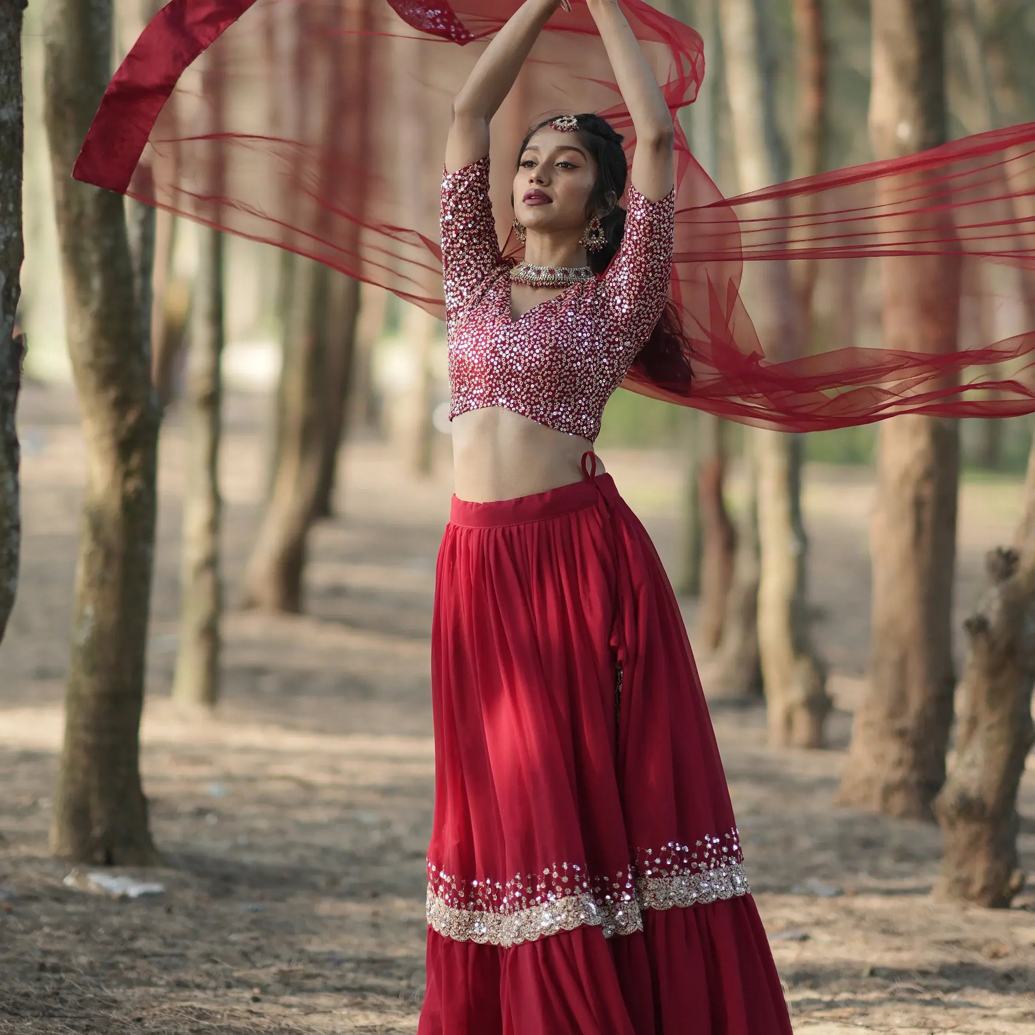 Stunning Red Sequins Georgette Wedding Lehenga Choli With Dupatta - Zeel Clothing