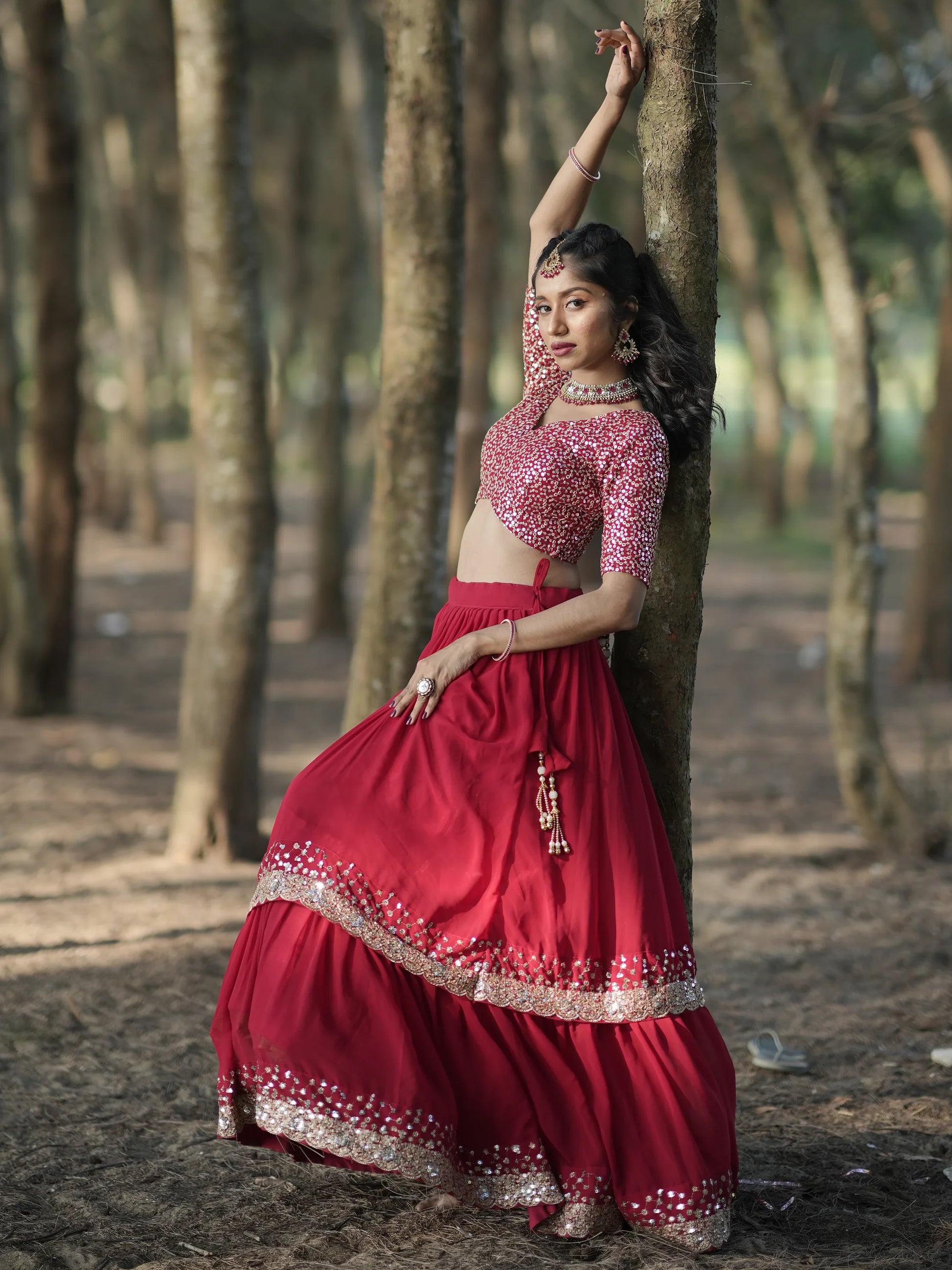 Stunning Red Sequins Georgette Wedding Lehenga Choli With Dupatta - Zeel Clothing