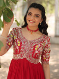 Stunning Red Thread Embroidered Georgette Event Wear Gown - Zeel Clothing