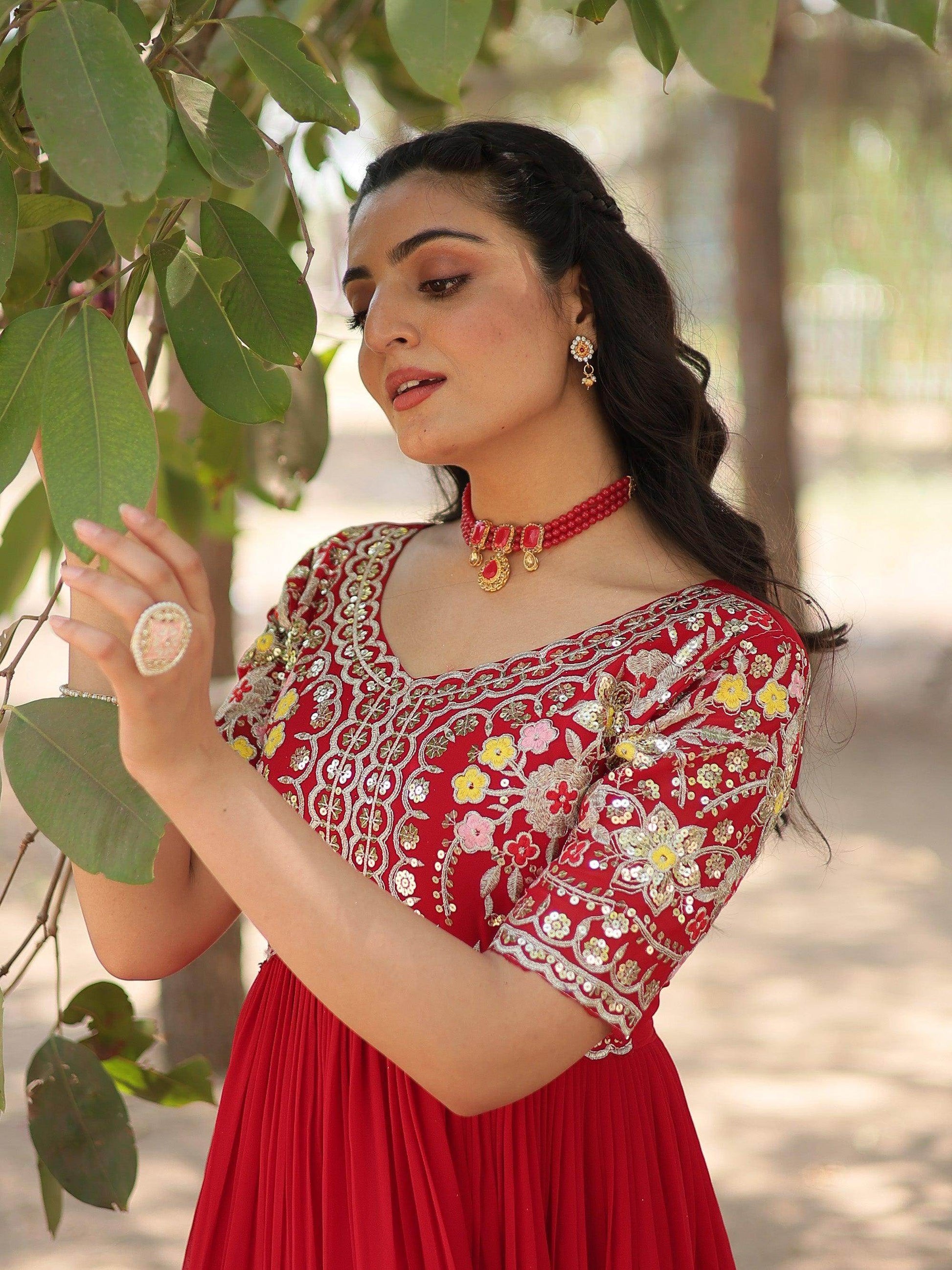 Stunning Red Thread Embroidered Georgette Event Wear Gown - Zeel Clothing