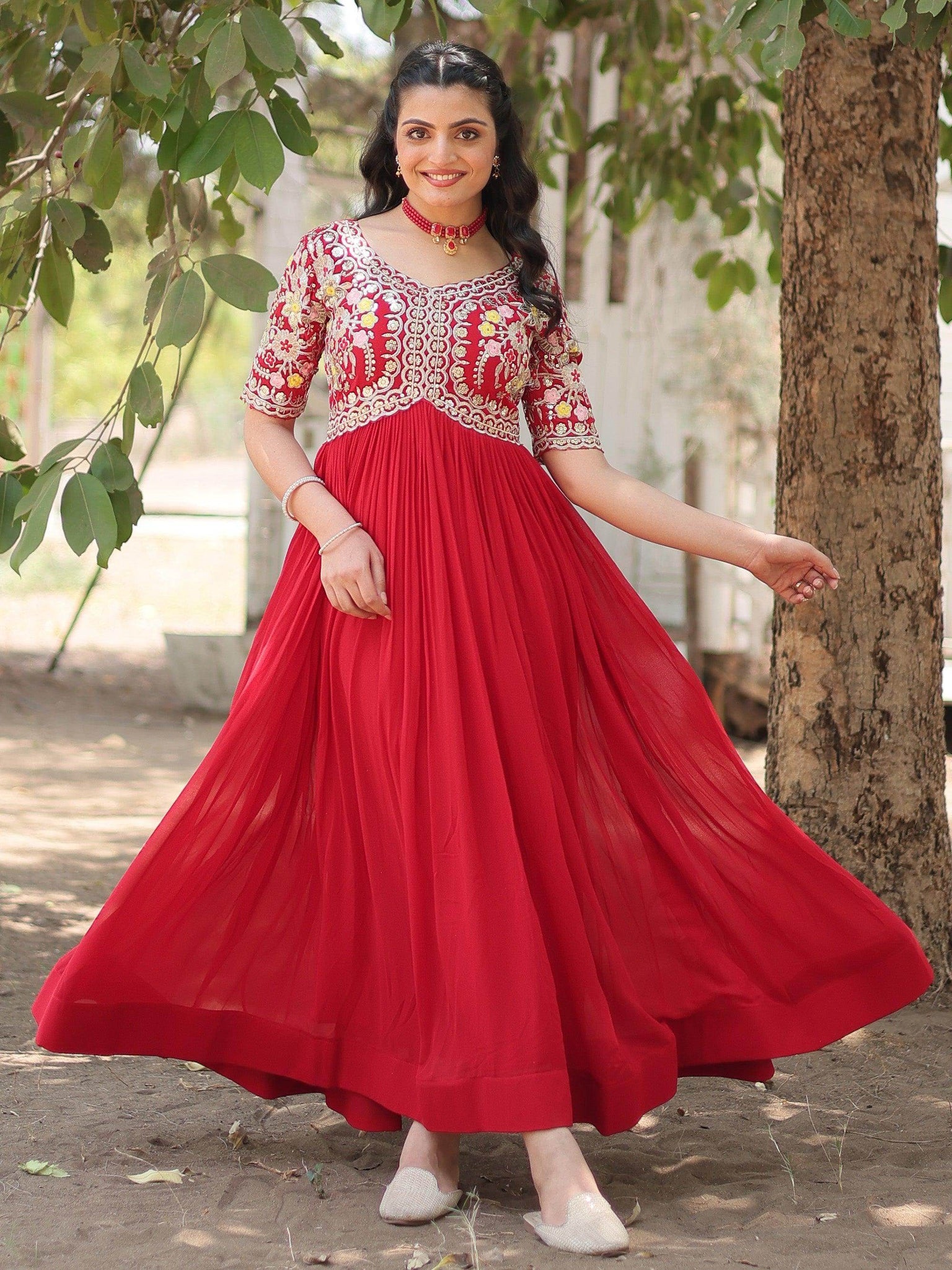 Stunning Red Thread Embroidered Georgette Event Wear Gown - Zeel Clothing