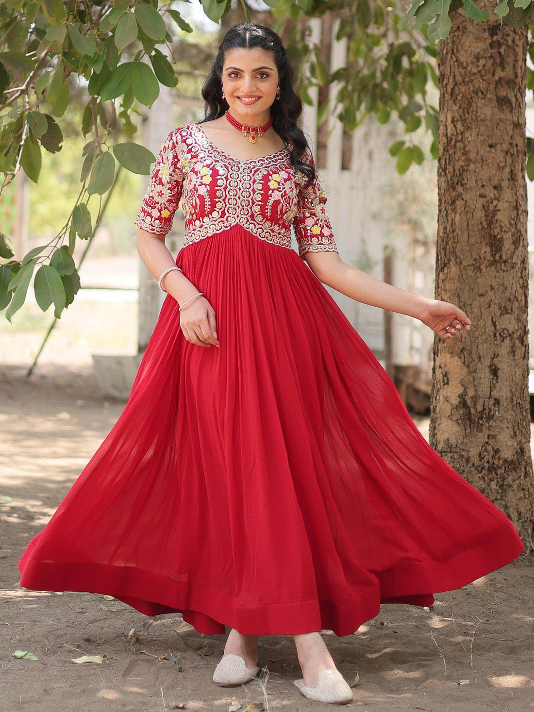 Stunning Red Thread Embroidered Georgette Event Wear Gown - Zeel Clothing