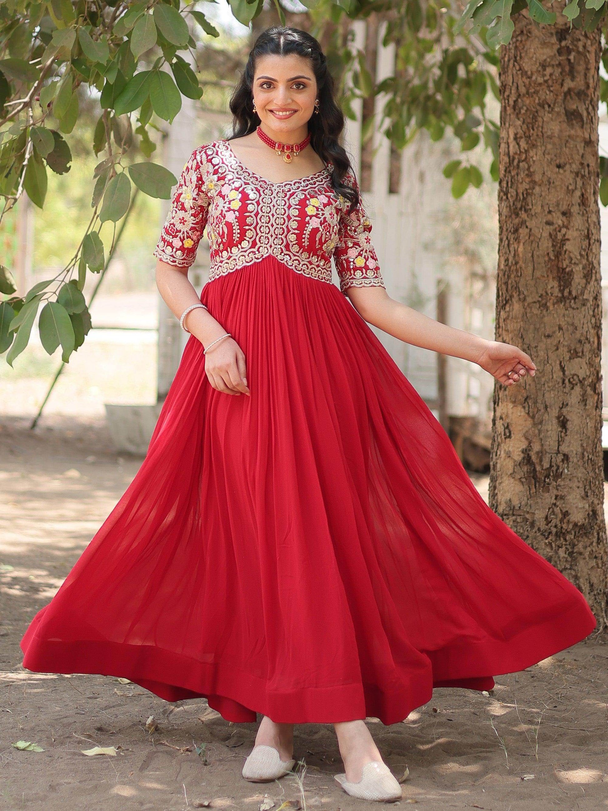 Stunning Red Thread Embroidered Georgette Event Wear Gown - Zeel Clothing