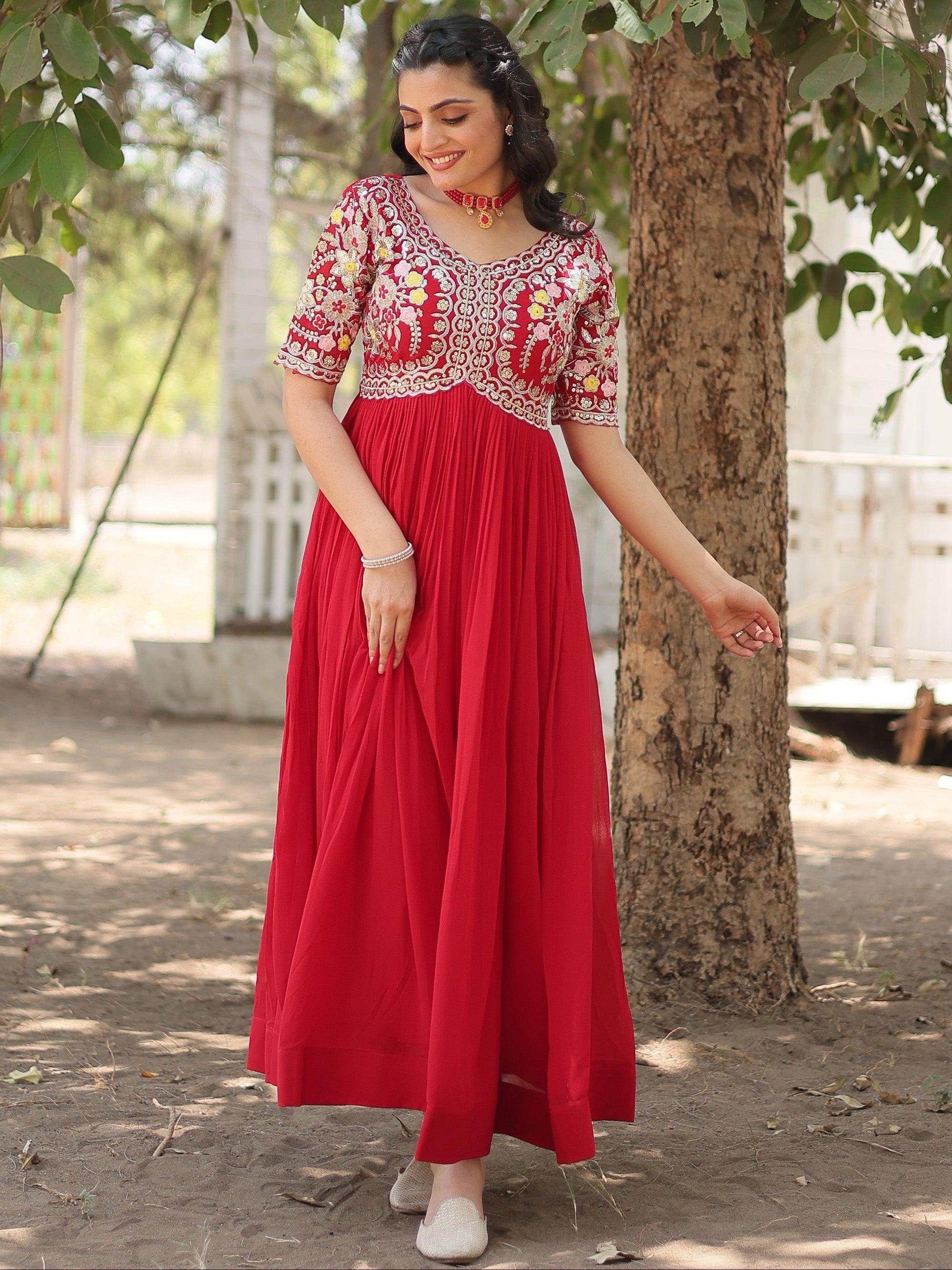 Stunning Red Thread Embroidered Georgette Event Wear Gown - Zeel Clothing