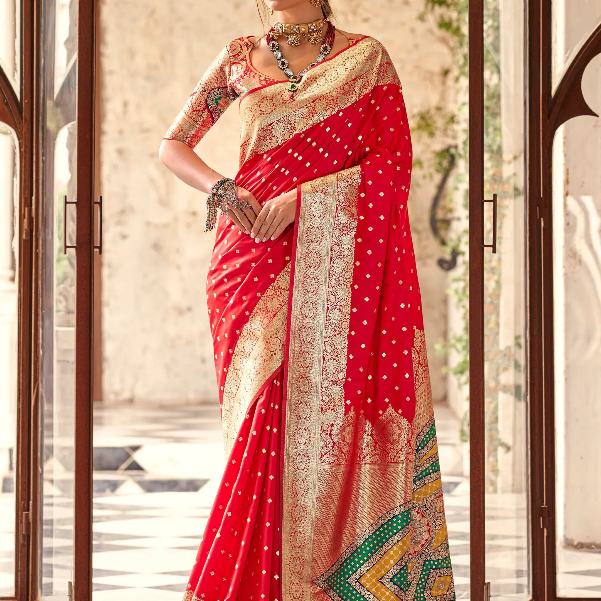 Stunning Red Zari Weaving Silk Wedding Wear Saree With Blouse - Zeel Clothing