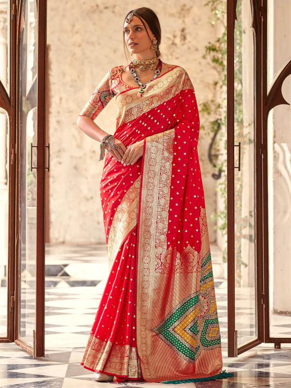 Stunning Red Zari Weaving Silk Wedding Wear Saree With Blouse - Zeel Clothing