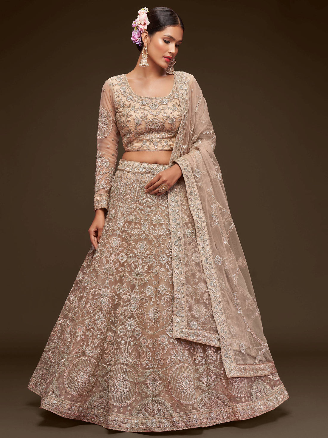 Stunning Royal Beige Embroidered Soft Net Lehenga Choli With Dupatta - Zeel Clothing