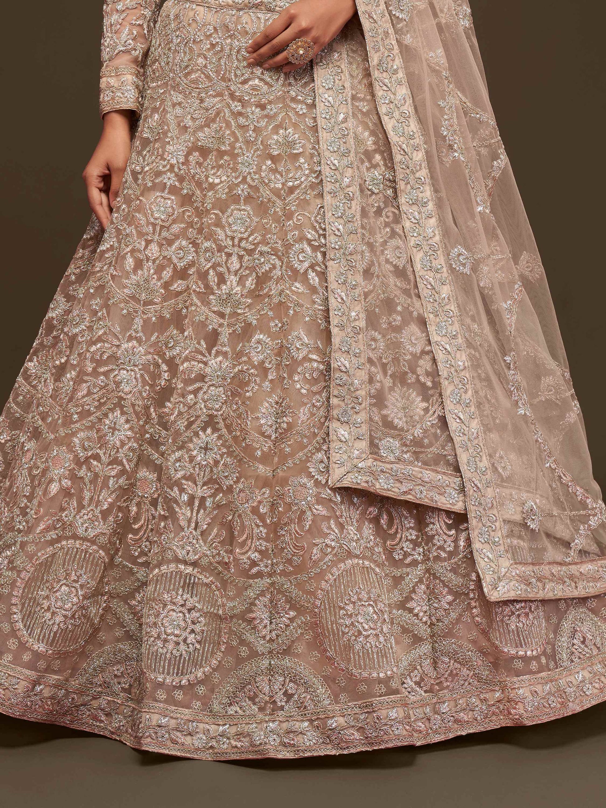 Stunning Royal Beige Embroidered Soft Net Lehenga Choli With Dupatta - Zeel Clothing