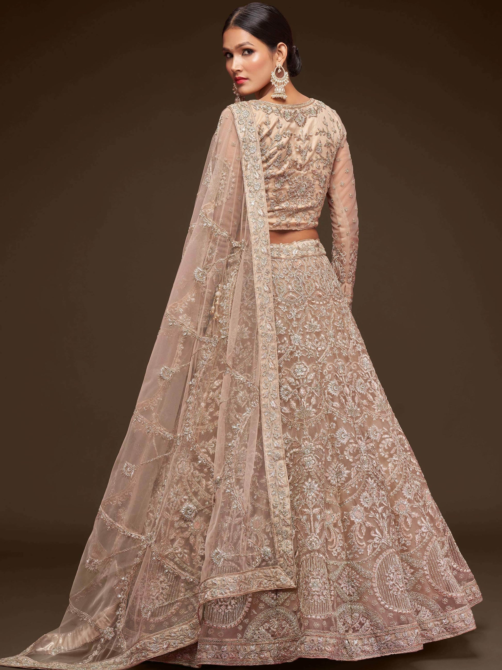 Stunning Royal Beige Embroidered Soft Net Lehenga Choli With Dupatta - Zeel Clothing