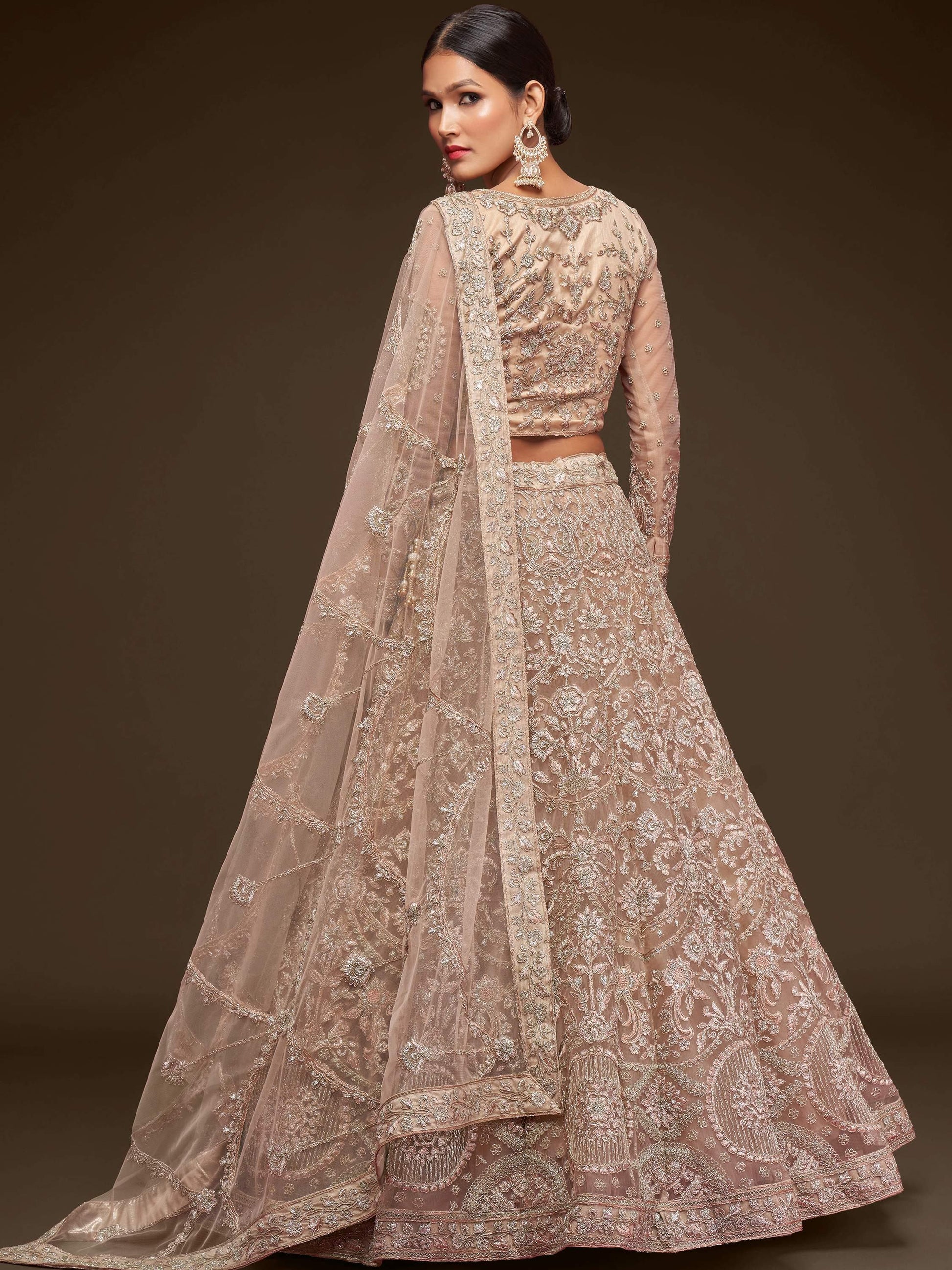 Stunning Royal Beige Embroidered Soft Net Lehenga Choli With Dupatta - Zeel Clothing