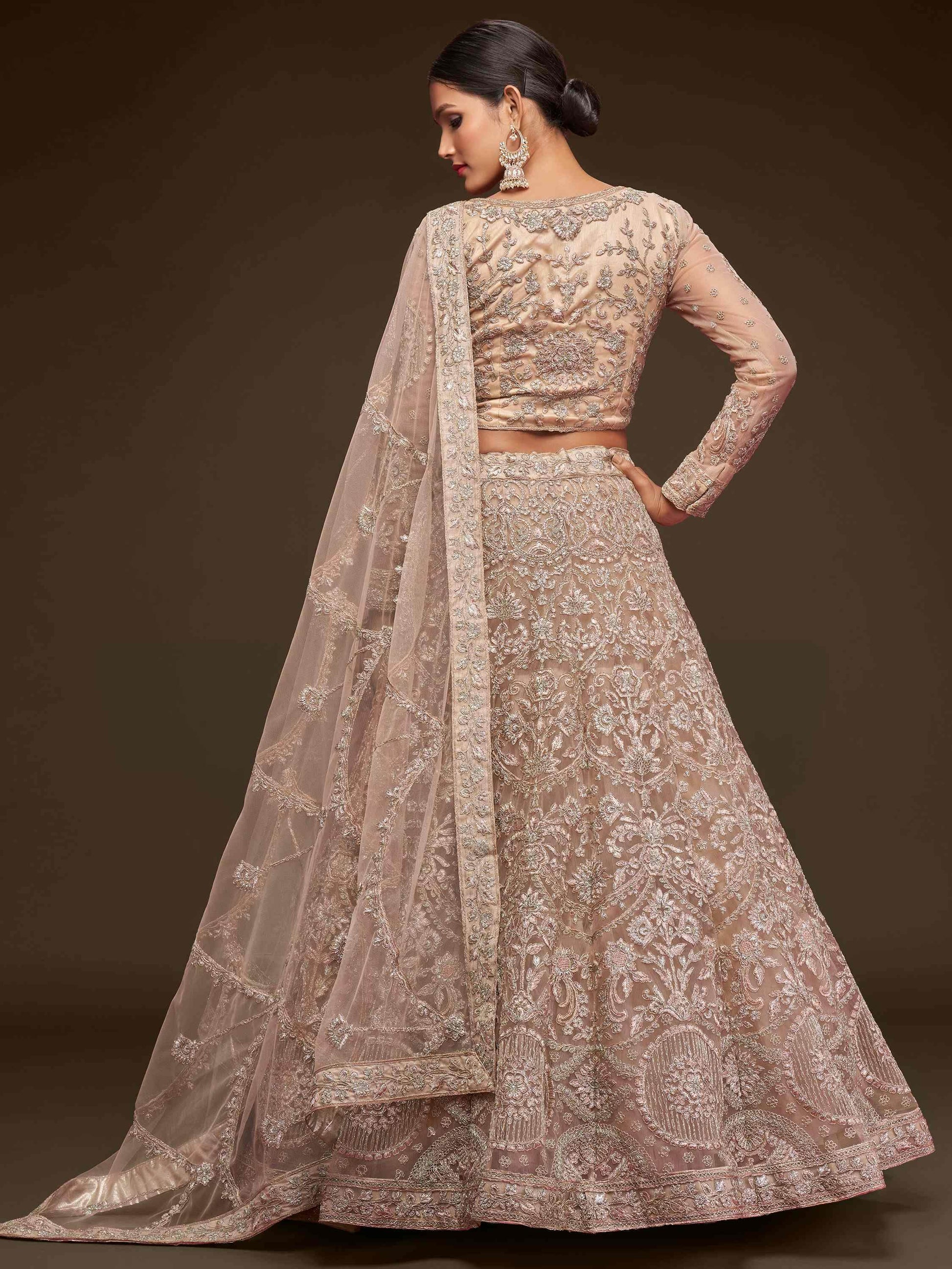 Stunning Royal Beige Embroidered Soft Net Lehenga Choli With Dupatta - Zeel Clothing