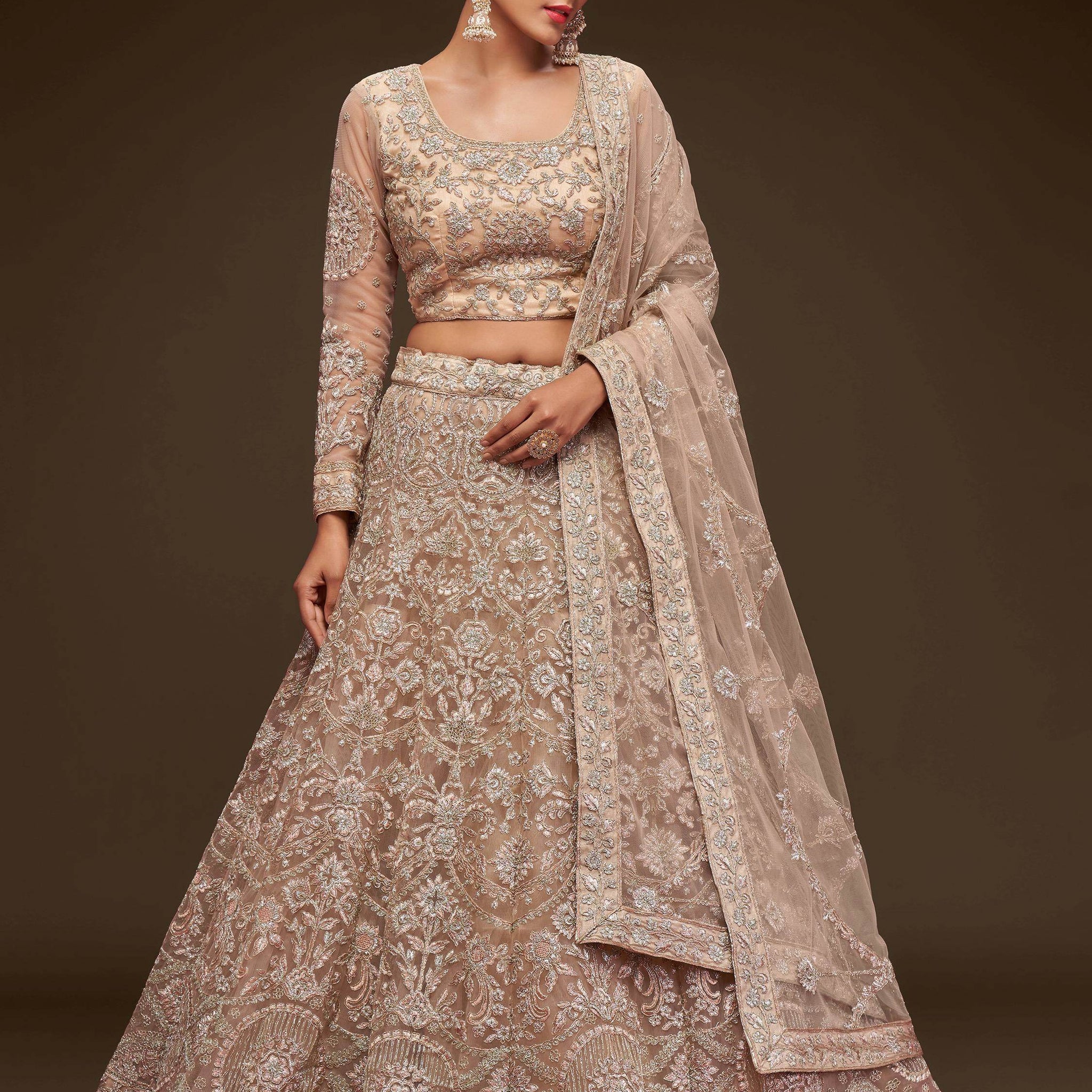 Stunning Royal Beige Embroidered Soft Net Lehenga Choli With Dupatta - Zeel Clothing