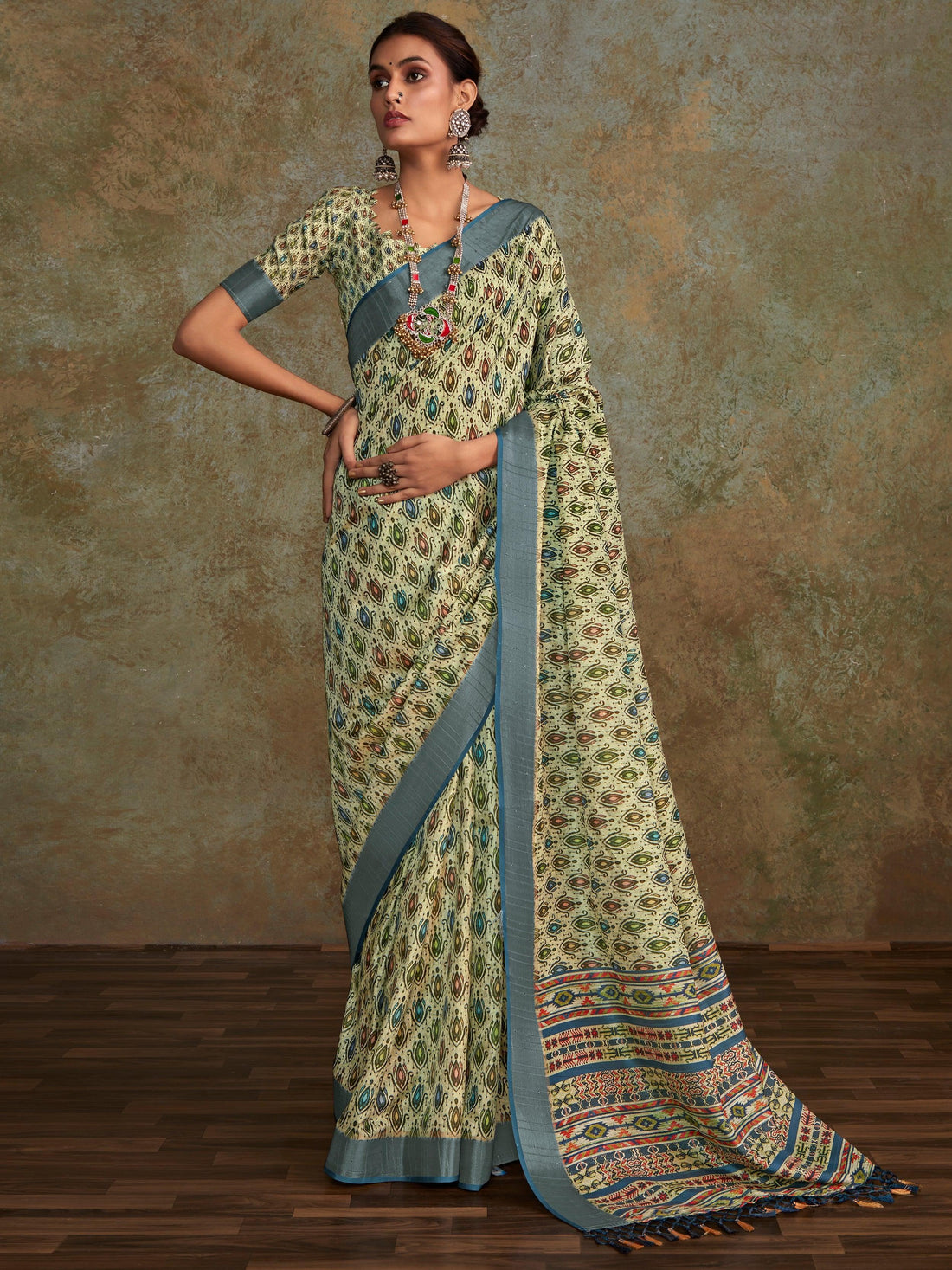 Stunning Sea Green Digital Printed Silk Traditional Saree With Blouse