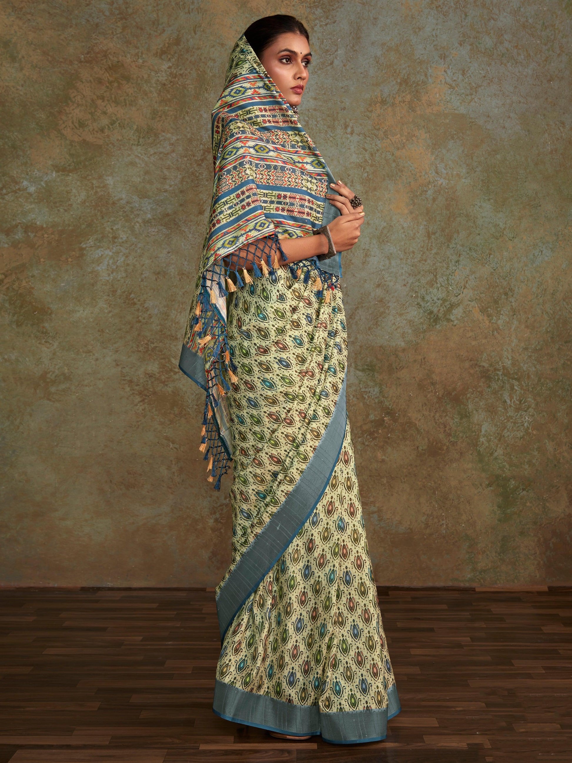 Stunning Sea Green Digital Printed Silk Traditional Saree With Blouse