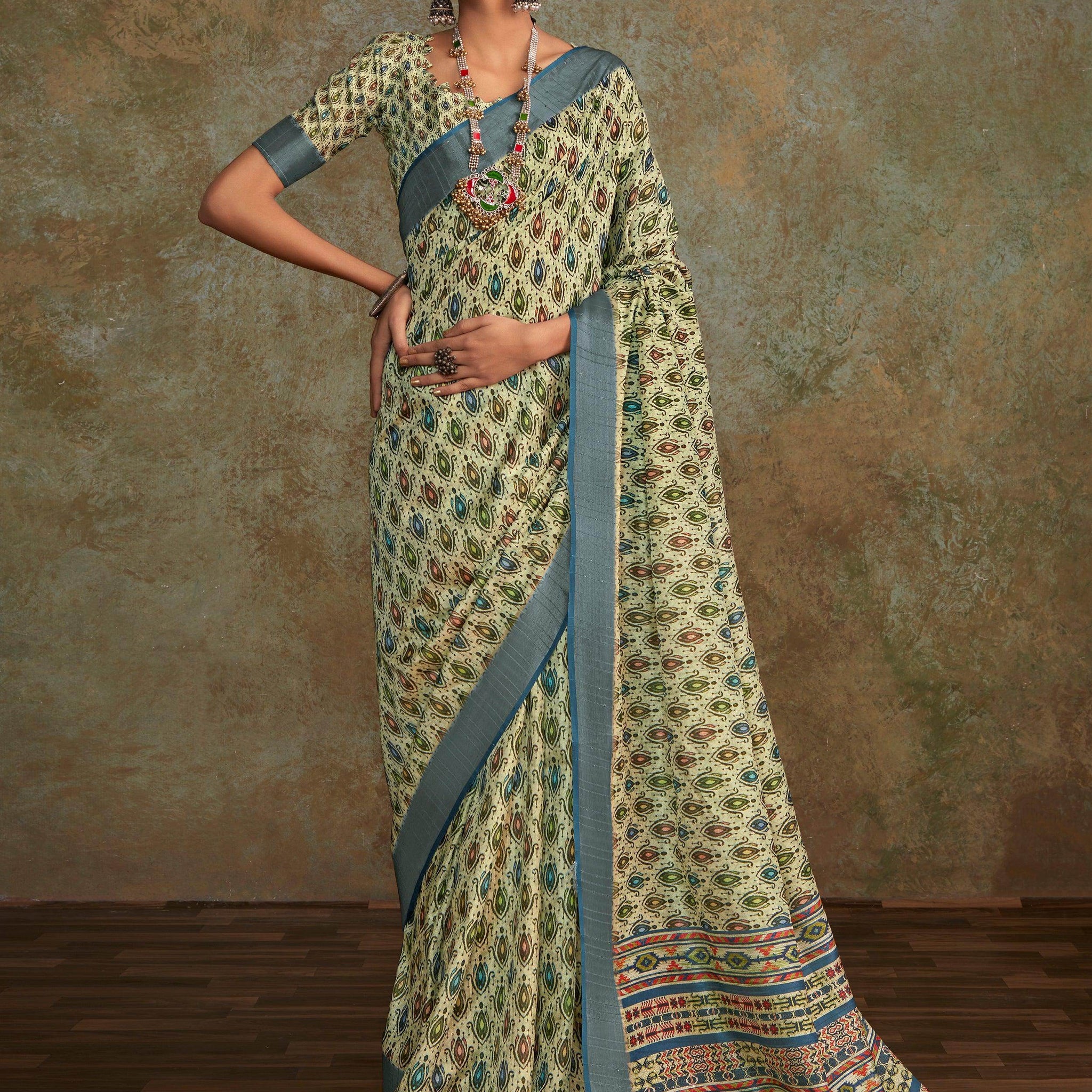 Stunning Sea Green Digital Printed Silk Traditional Saree With Blouse - Zeel Clothing