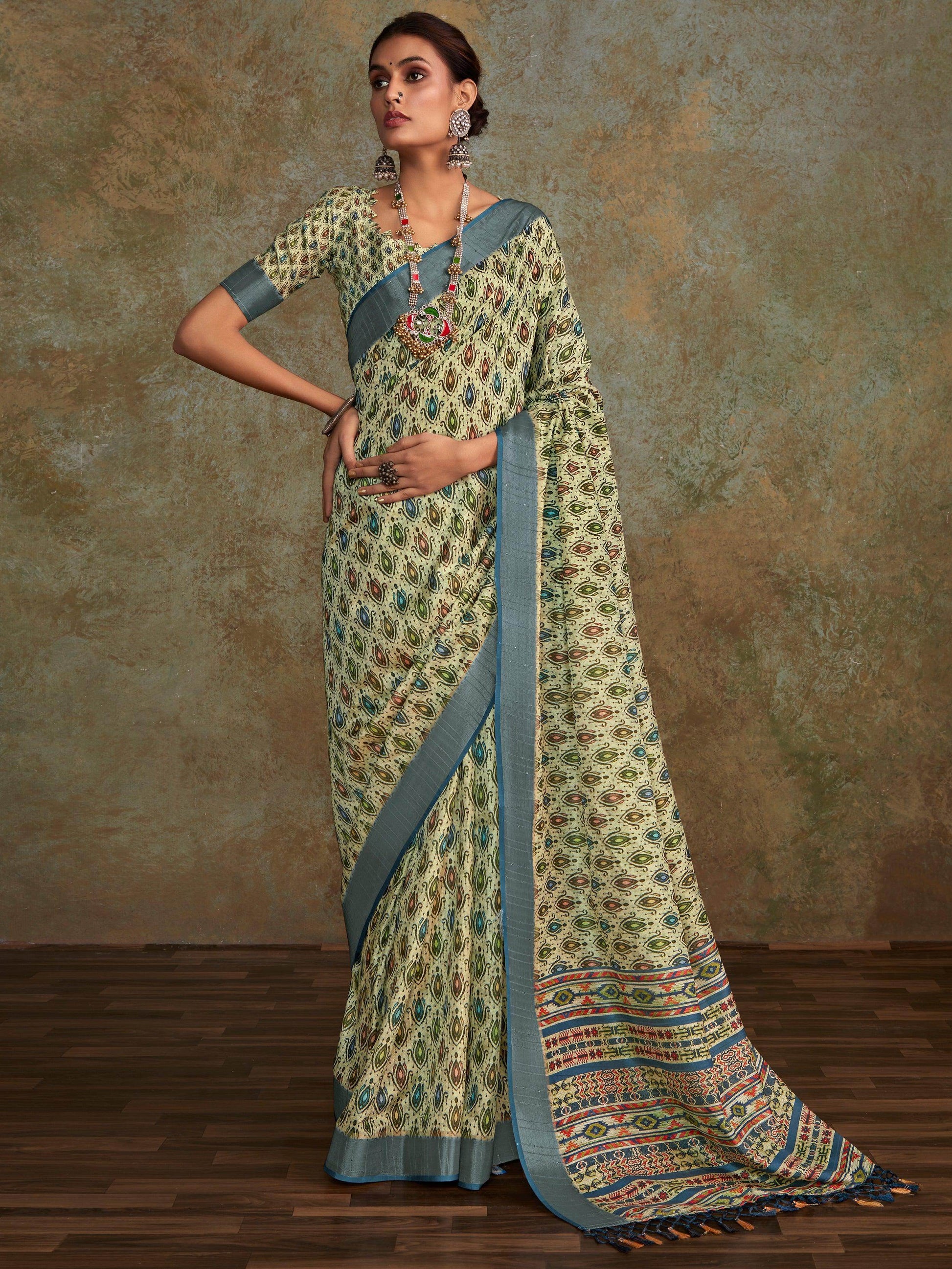 Stunning Sea Green Digital Printed Silk Traditional Saree With Blouse - Zeel Clothing