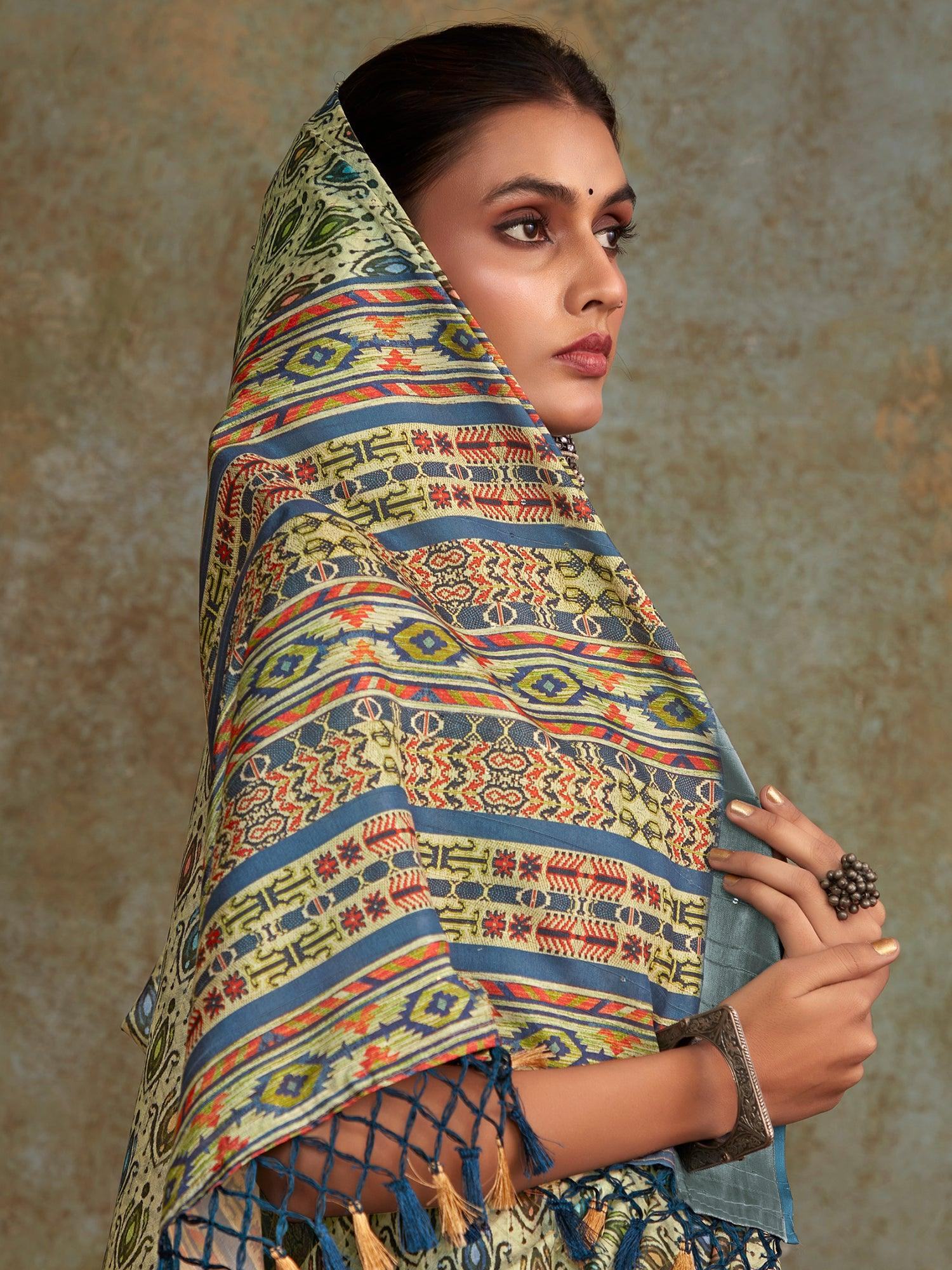 Stunning Sea Green Digital Printed Silk Traditional Saree With Blouse
