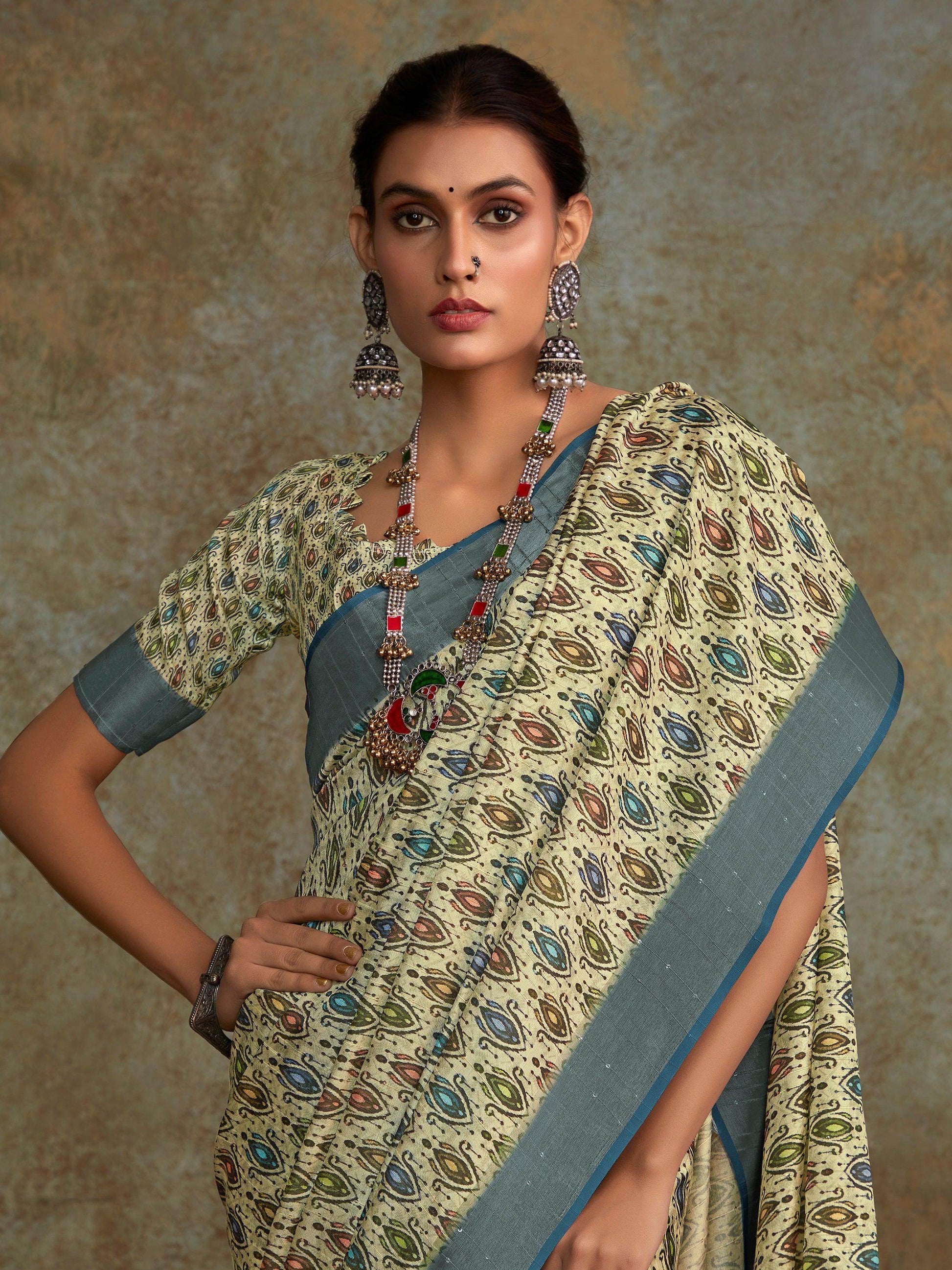 Stunning Sea Green Digital Printed Silk Traditional Saree With Blouse - Zeel Clothing