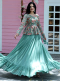 Stunning Sea Green Georgette Lehenga With Floral Printed Peplum Top