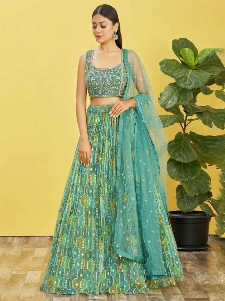Stunning Sea Green Mirror Work Organza Wedding Lehenga Choli