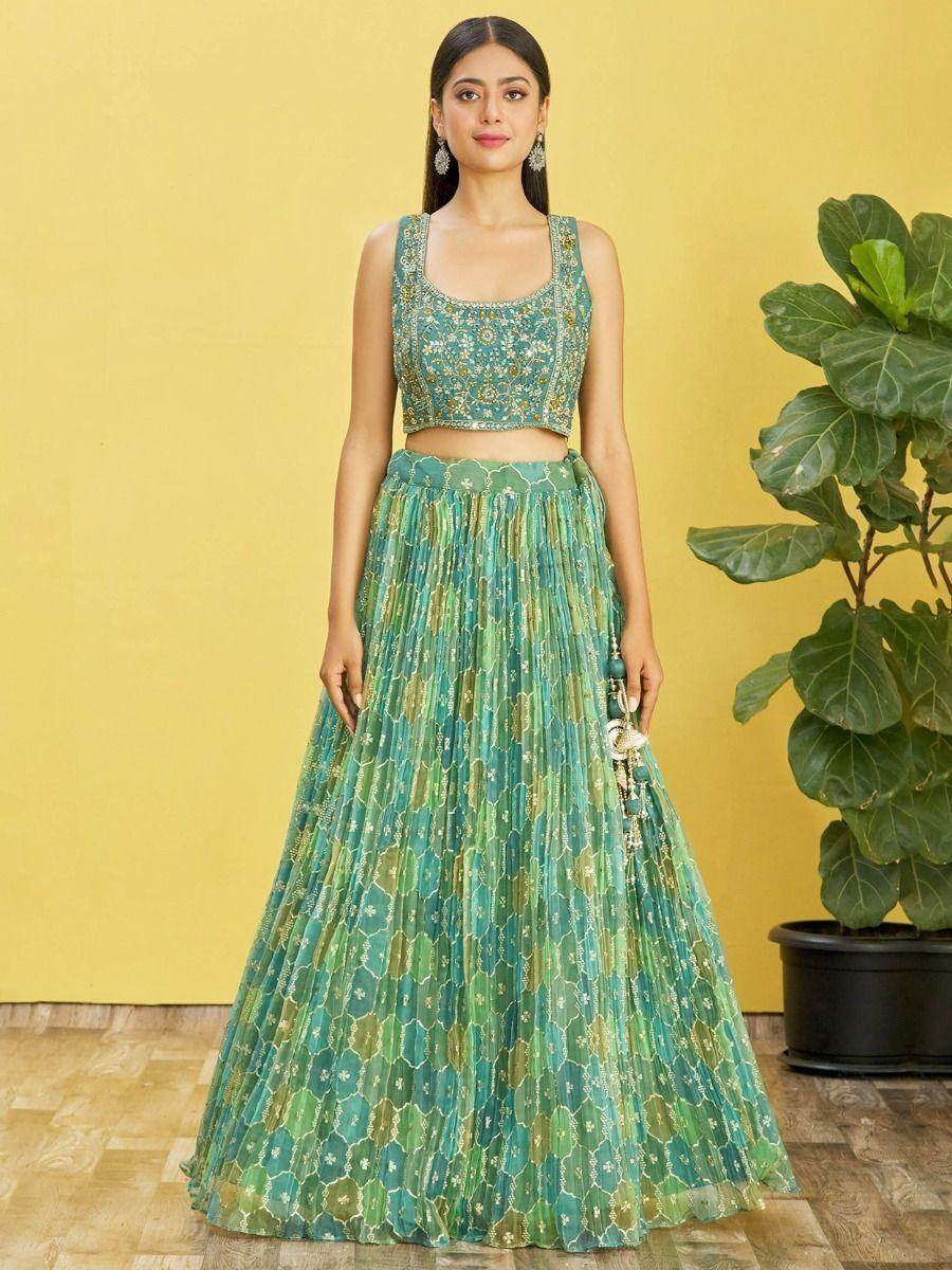 Stunning Sea Green Mirror Work Organza Wedding Lehenga Choli - Zeel Clothing