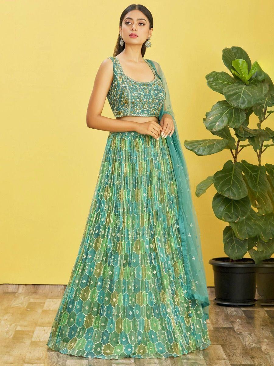 Stunning Sea Green Mirror Work Organza Wedding Lehenga Choli