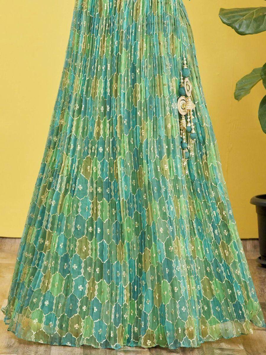Stunning Sea Green Mirror Work Organza Wedding Lehenga Choli - Zeel Clothing