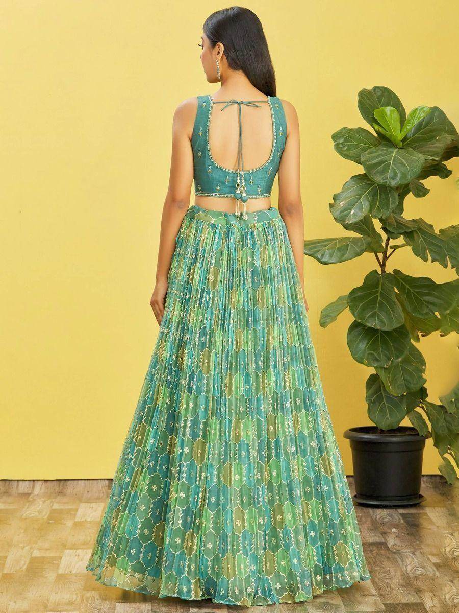 Stunning Sea Green Mirror Work Organza Wedding Lehenga Choli - Zeel Clothing