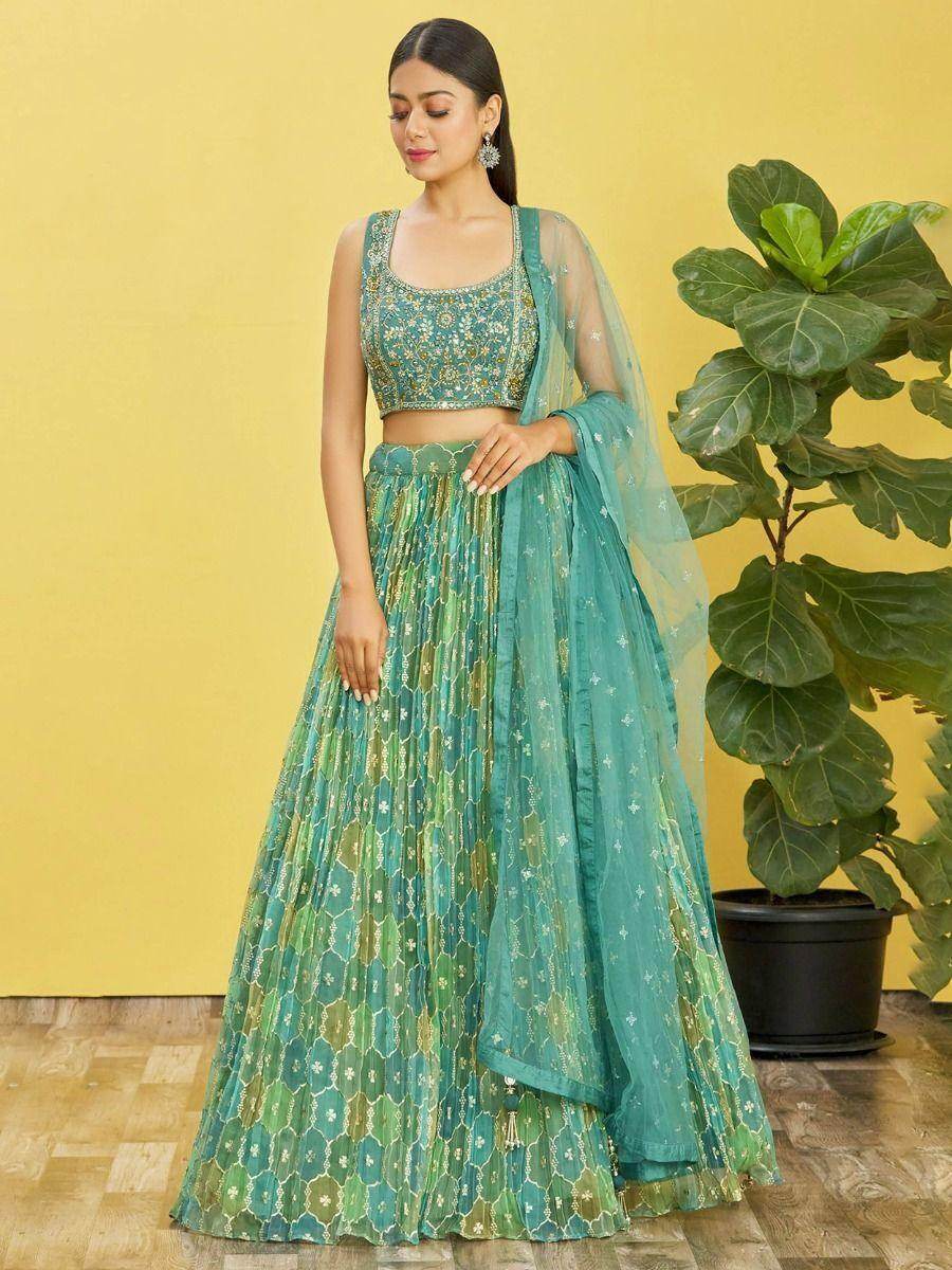 Stunning Sea Green Mirror Work Organza Wedding Lehenga Choli - Zeel Clothing