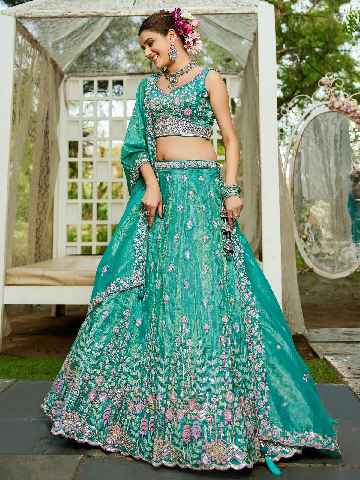 Stunning Sea Green Tissue Wedding Wear Lehenga Choli With Dupatta - Zeel Clothing