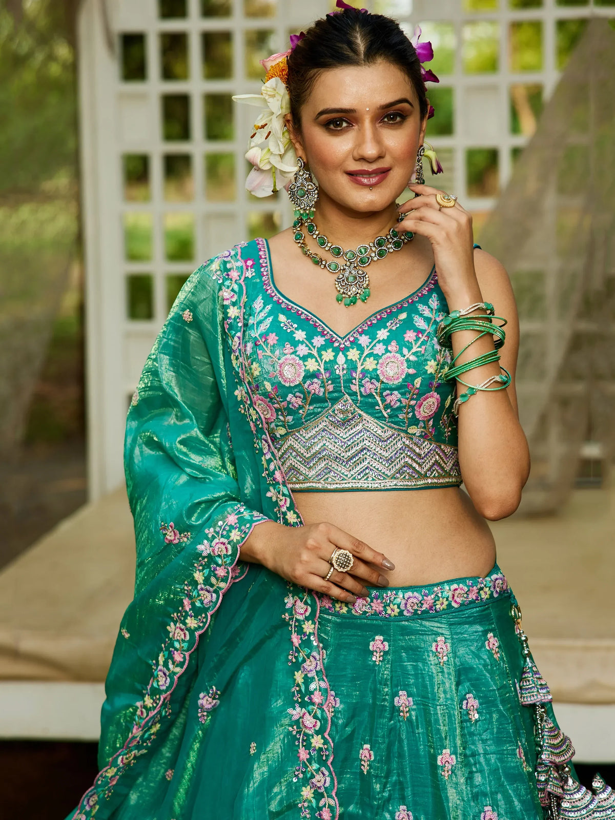 Stunning Sea Green Tissue Wedding Wear Lehenga Choli With Dupatta - Zeel Clothing